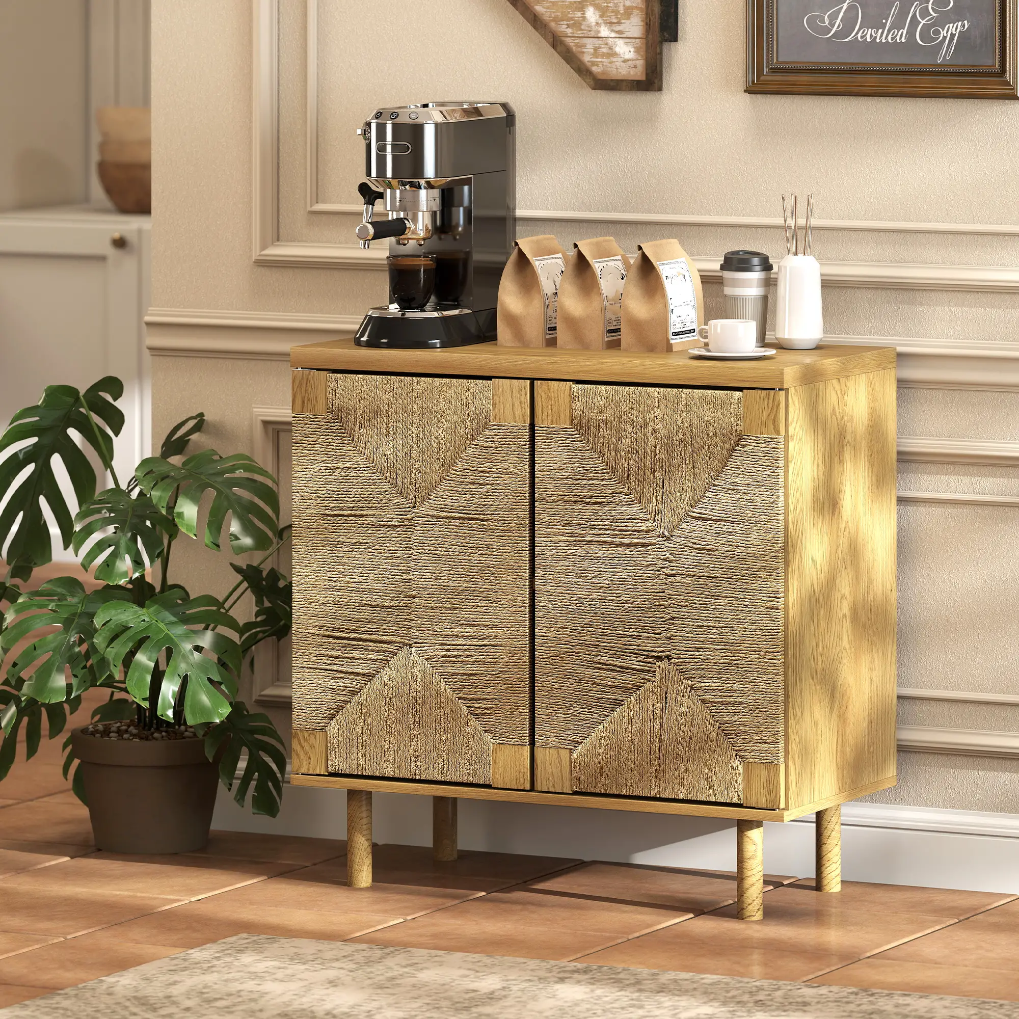 Handwoven Rope Accent Cabinet, Boho Sideboard, Push to Open Doors, Adjustable Shelf - Image 9