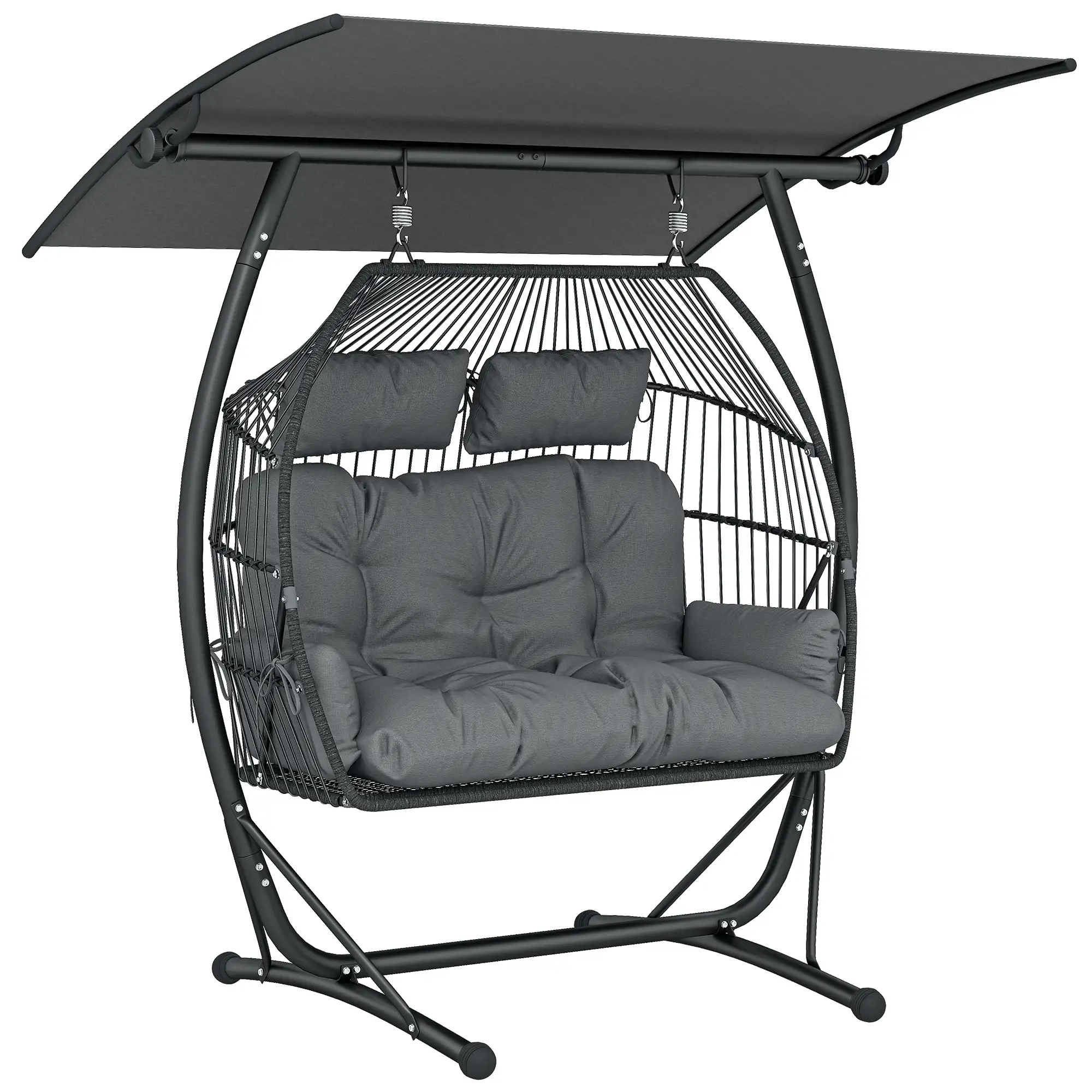 Hanging Double Egg Chair with Canopy, Cushion, Stand, Dark Grey - Image 11