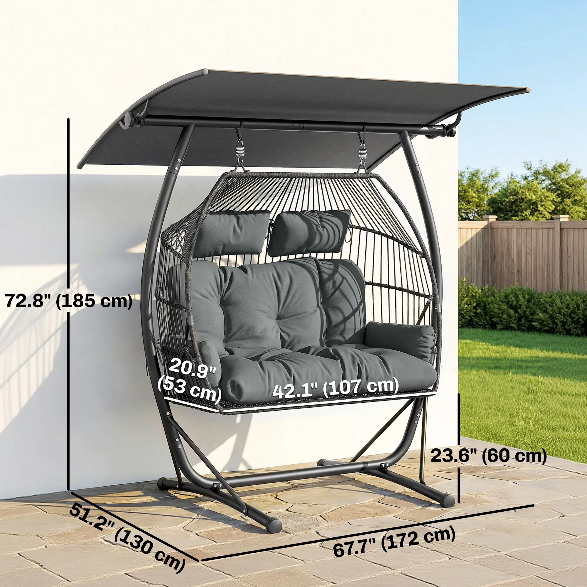 Hanging Double Egg Chair with Canopy, Cushion, Stand, Dark Grey - Image 3