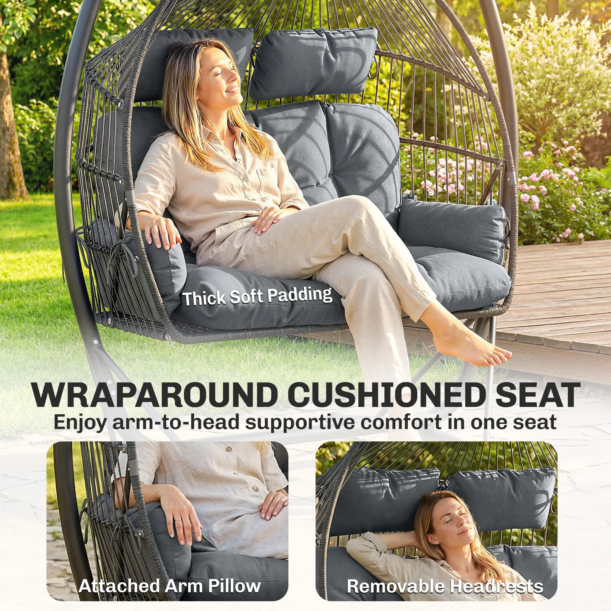 Hanging Double Egg Chair with Canopy, Cushion, Stand, Dark Grey - Image 6