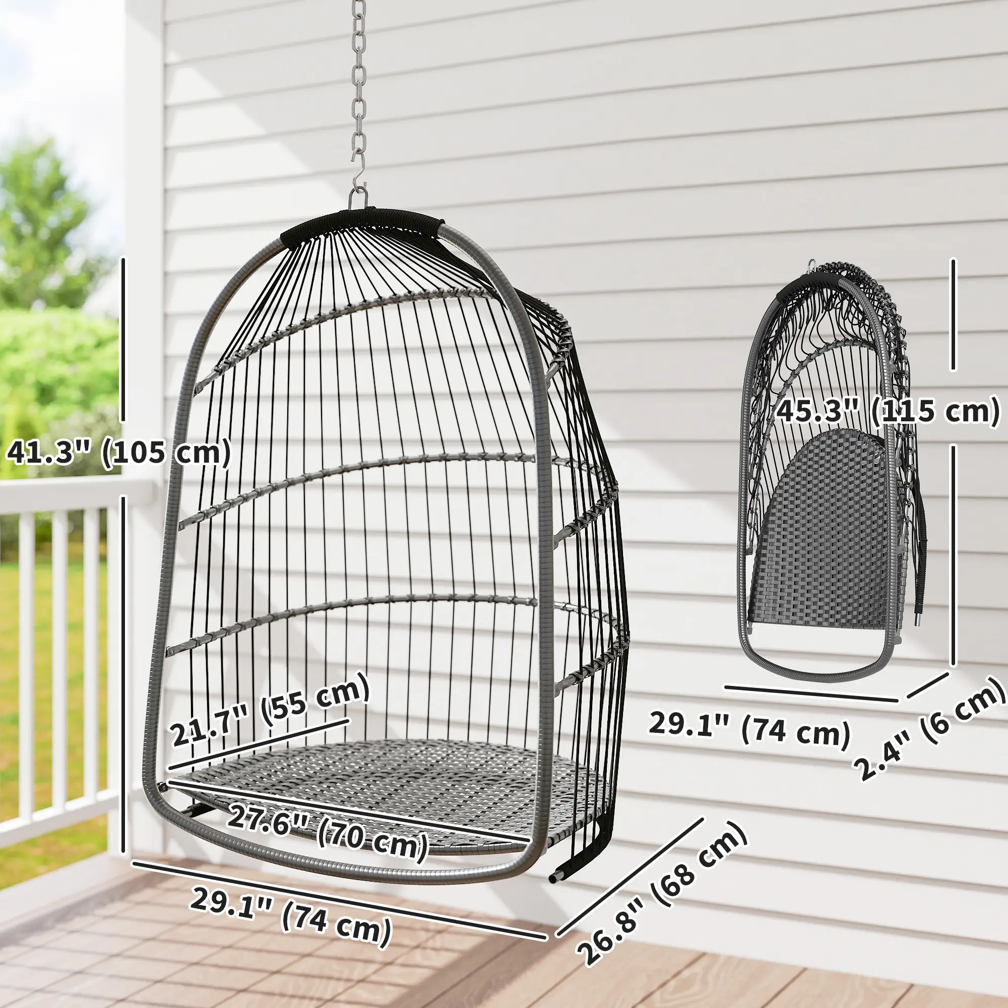 Hanging Egg Chair, Foldable Rattan Garden Swing, Dark Grey - Image 3