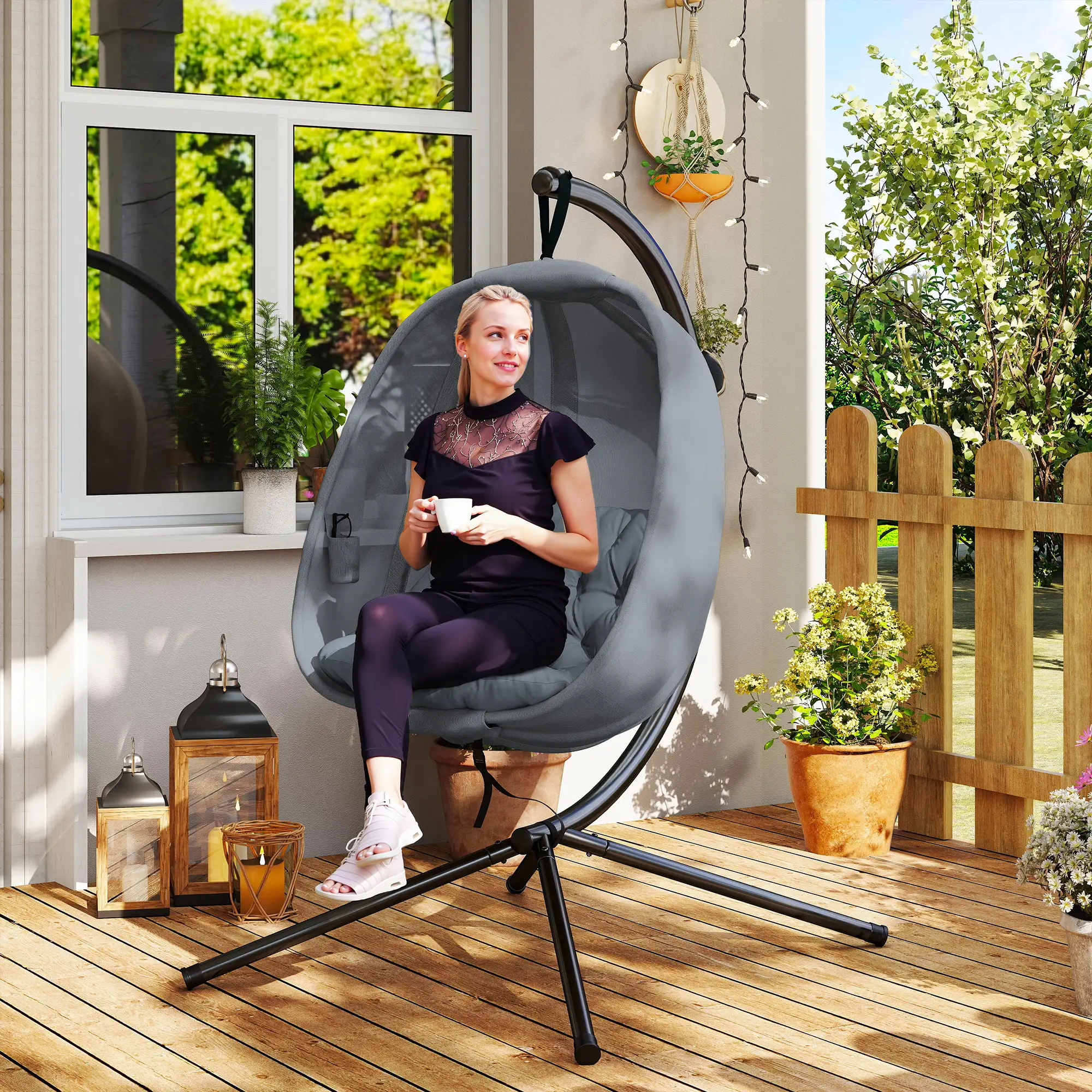 Hanging Egg Chair, Outdoor Swing with Stand, Folding Basket, Grey - Image 2