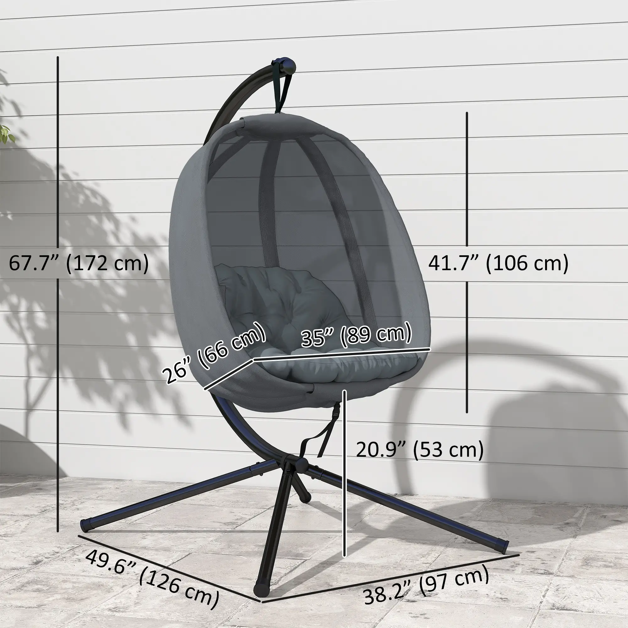 Hanging Egg Chair, Outdoor Swing with Stand, Folding Basket, Grey - Image 3