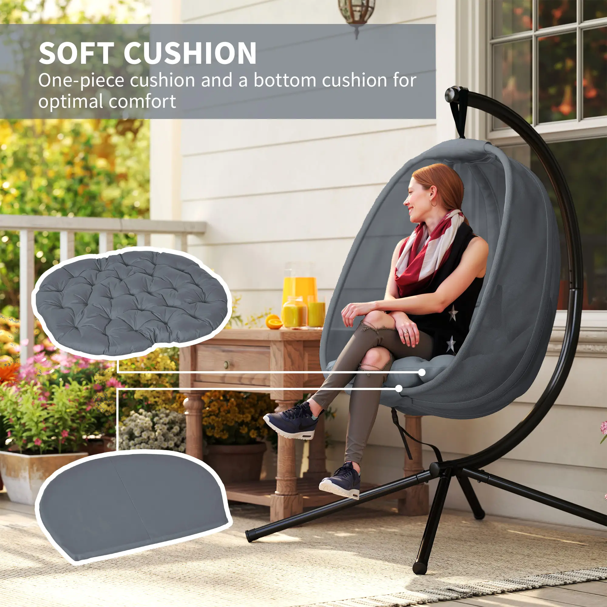 Hanging Egg Chair, Outdoor Swing with Stand, Folding Basket, Grey - Image 4