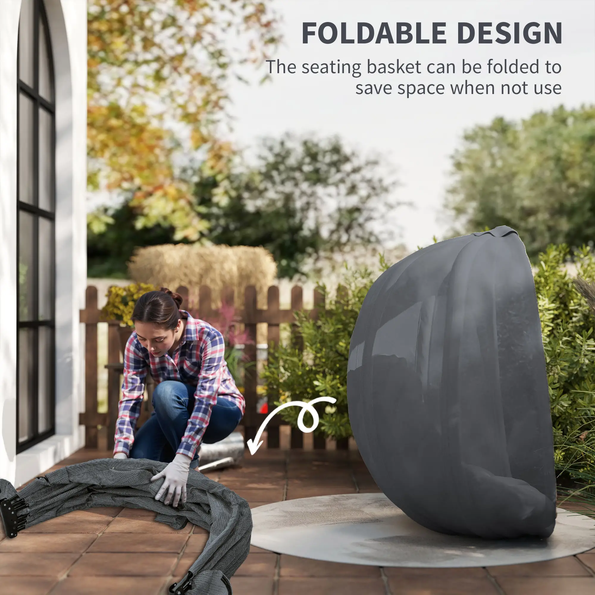 Hanging Egg Chair, Outdoor Swing with Stand, Folding Basket, Grey - Image 5