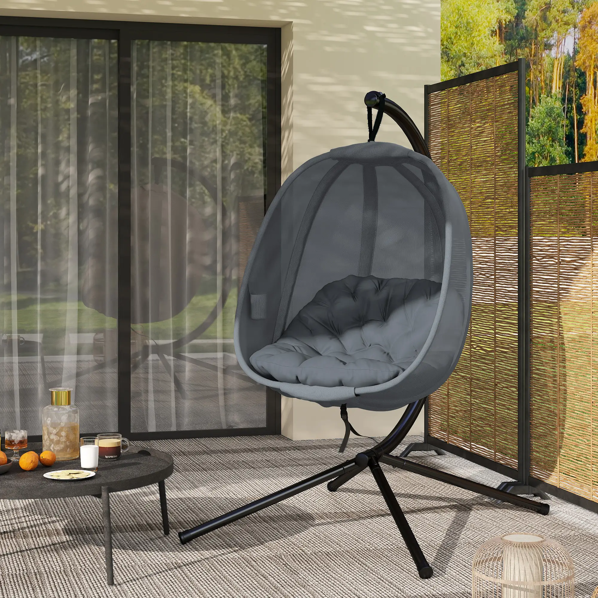 Hanging Egg Chair, Outdoor Swing with Stand, Folding Basket, Grey - Image 9