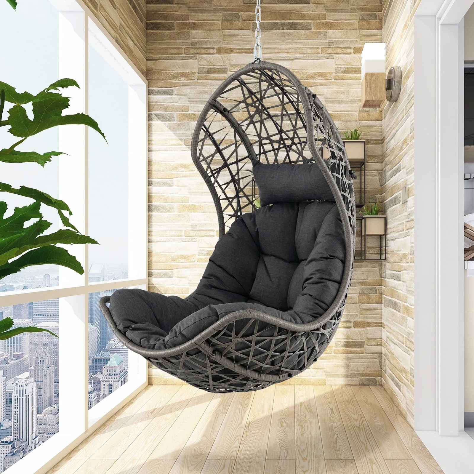 Hanging Egg Chair, PE Rattan Swing Hammock, Gray - Image 2