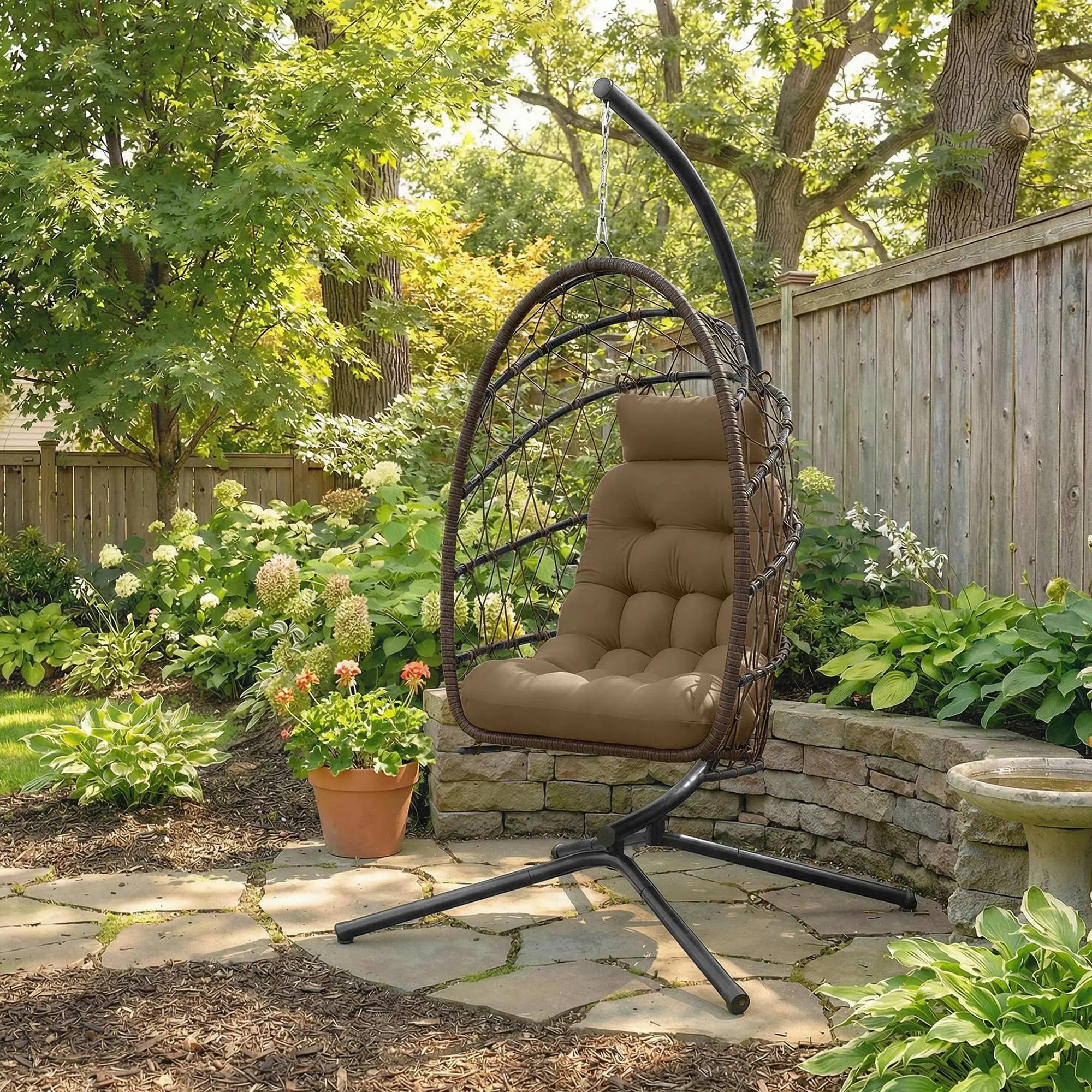Hanging Egg Chair With Stand, Foldable Wicker Rattan Swing Chair, Brown - Image 10