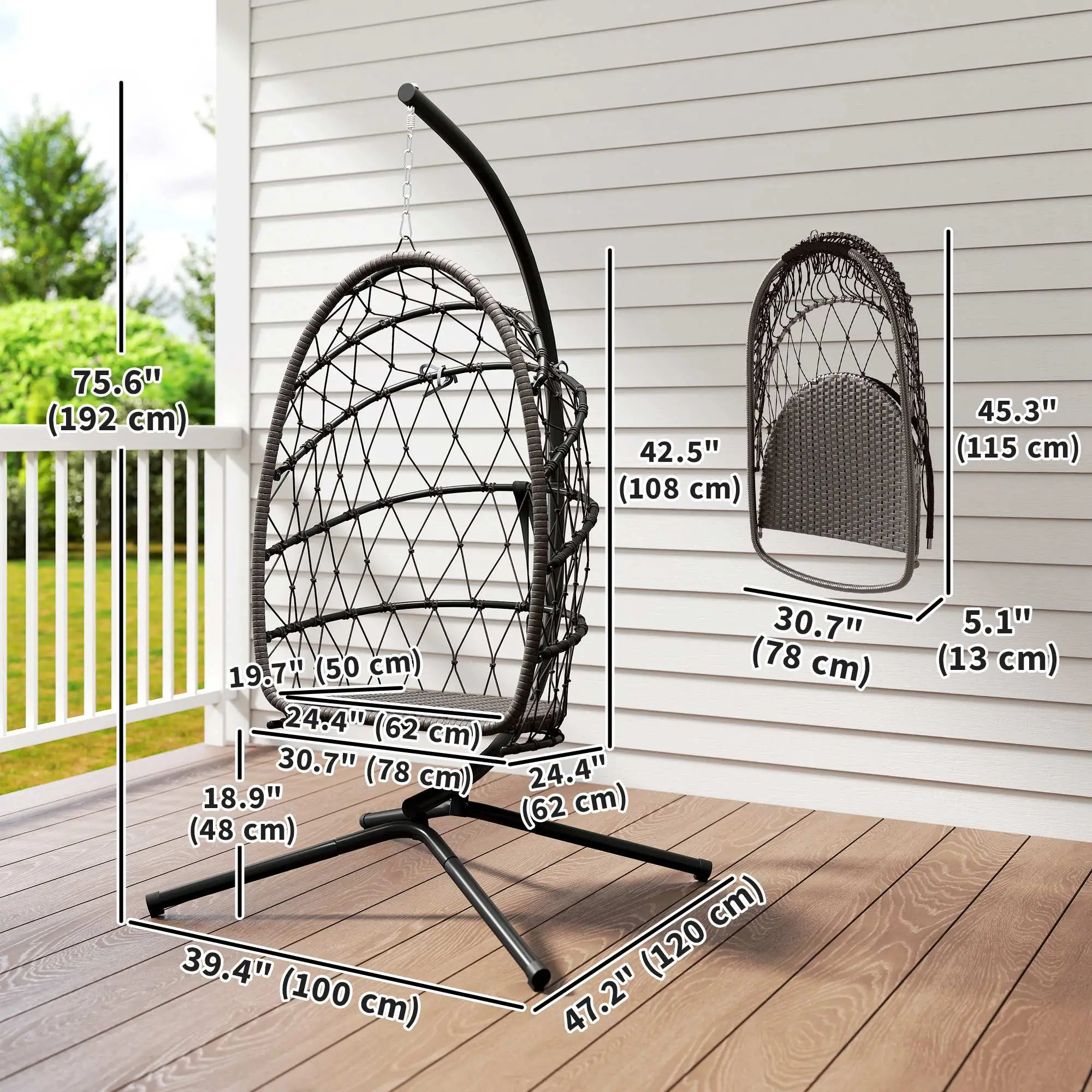 Hanging Egg Chair With Stand, Foldable Wicker Rattan Swing Chair, Brown - Image 3