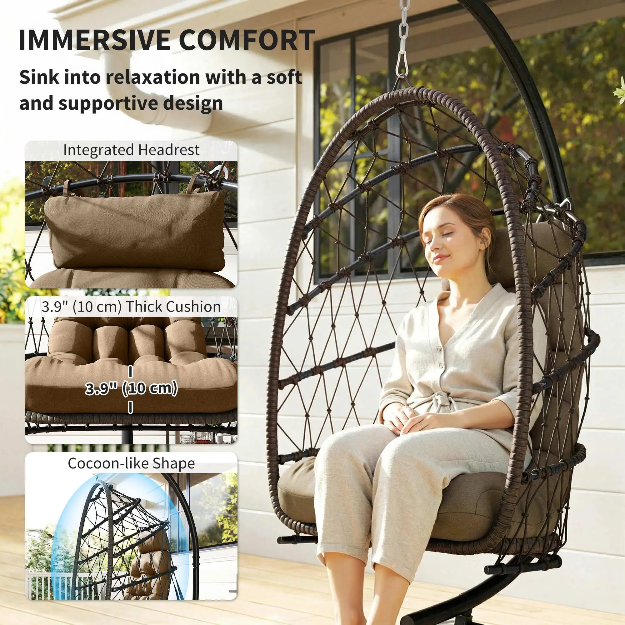 Hanging Egg Chair With Stand, Foldable Wicker Rattan Swing Chair, Brown - Image 4