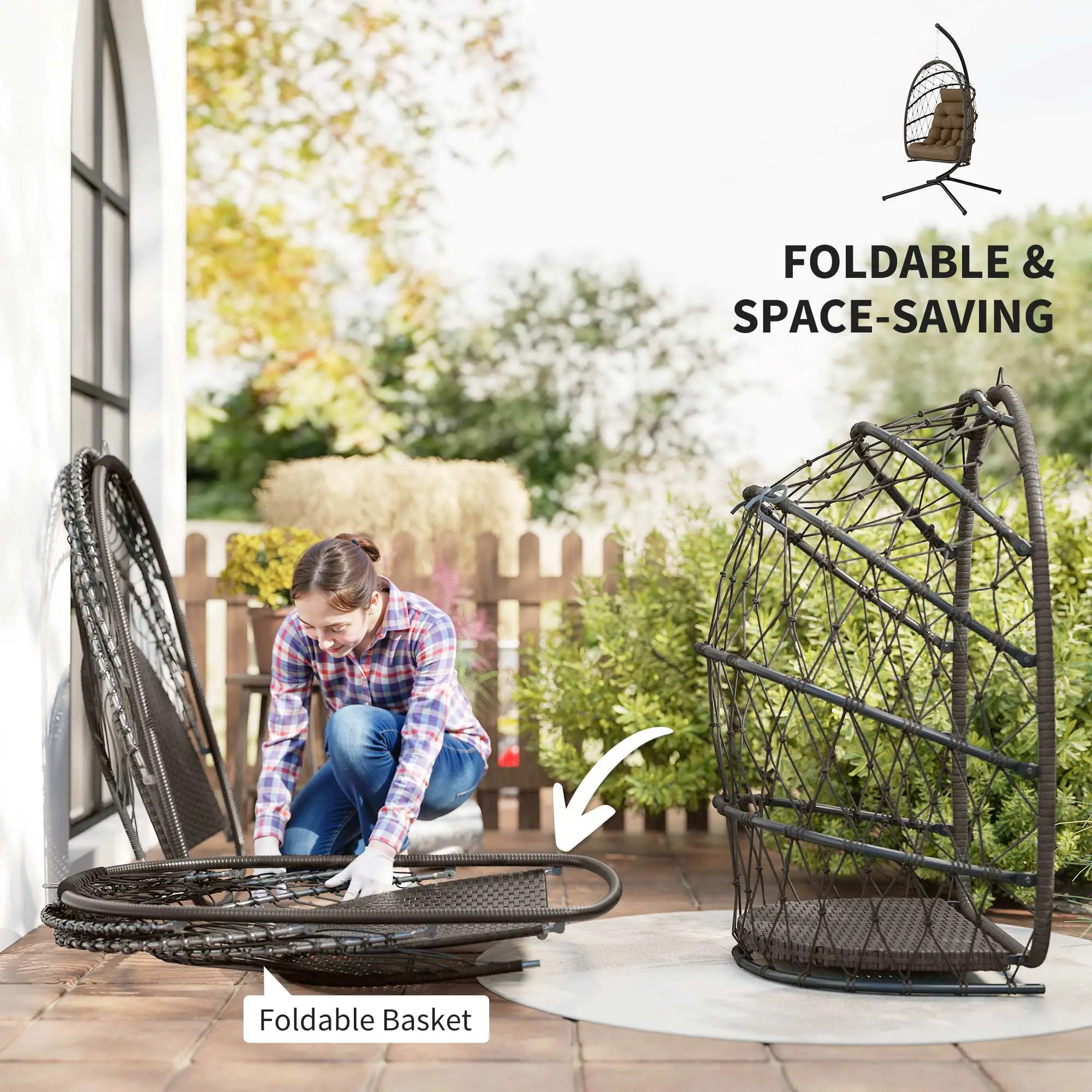 Hanging Egg Chair With Stand, Foldable Wicker Rattan Swing Chair, Brown - Image 5