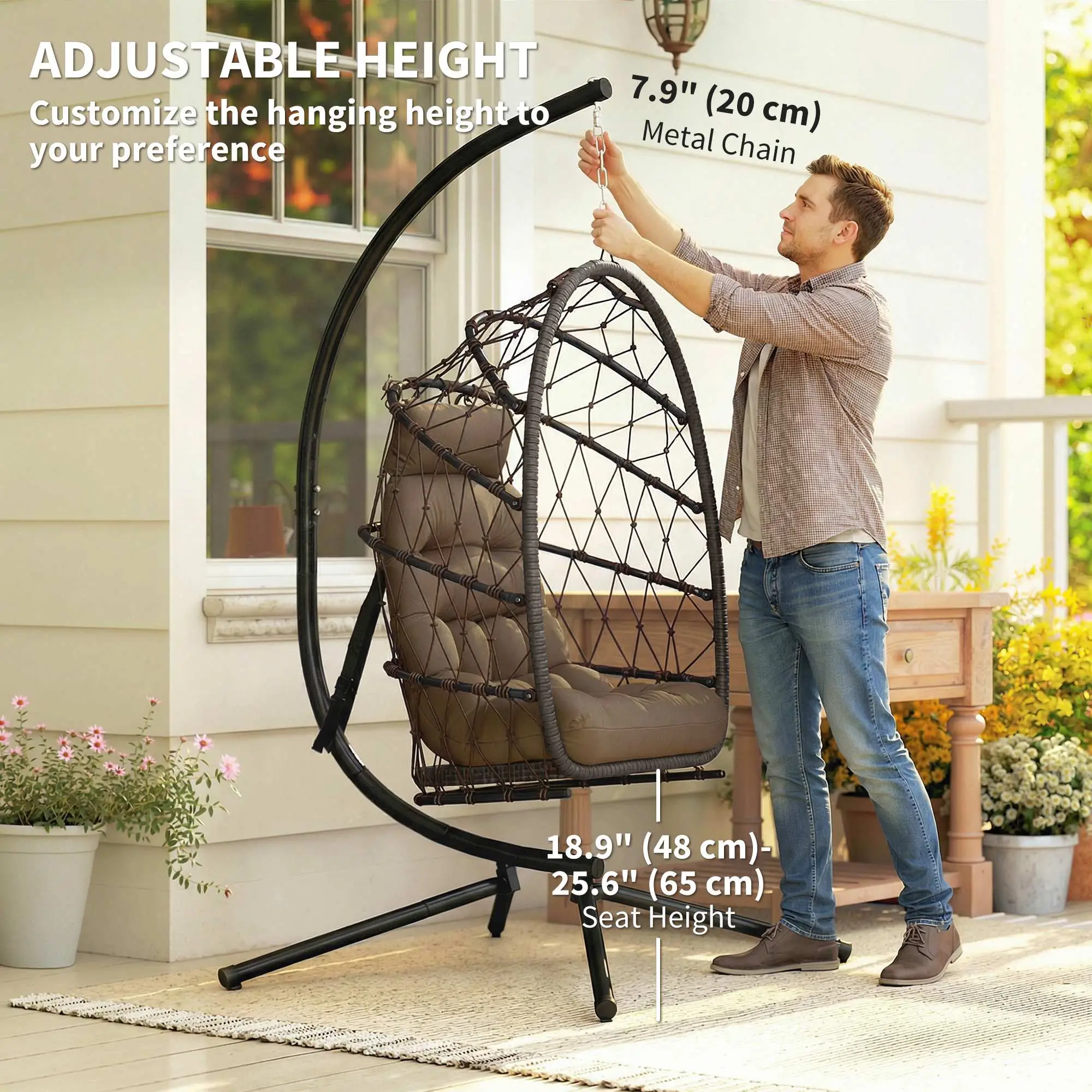 Hanging Egg Chair With Stand, Foldable Wicker Rattan Swing Chair, Brown - Image 6