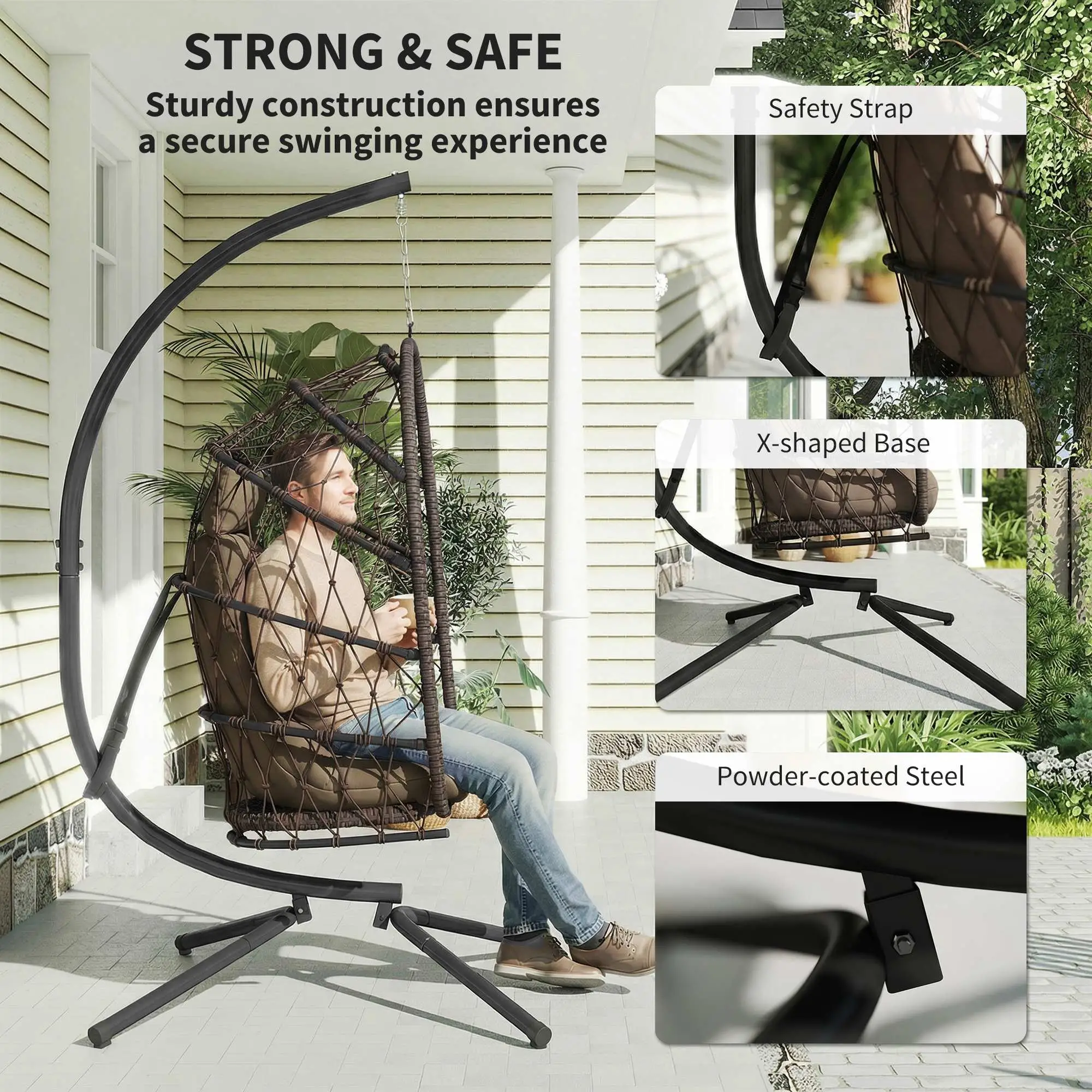 Hanging Egg Chair With Stand, Foldable Wicker Rattan Swing Chair, Brown - Image 7