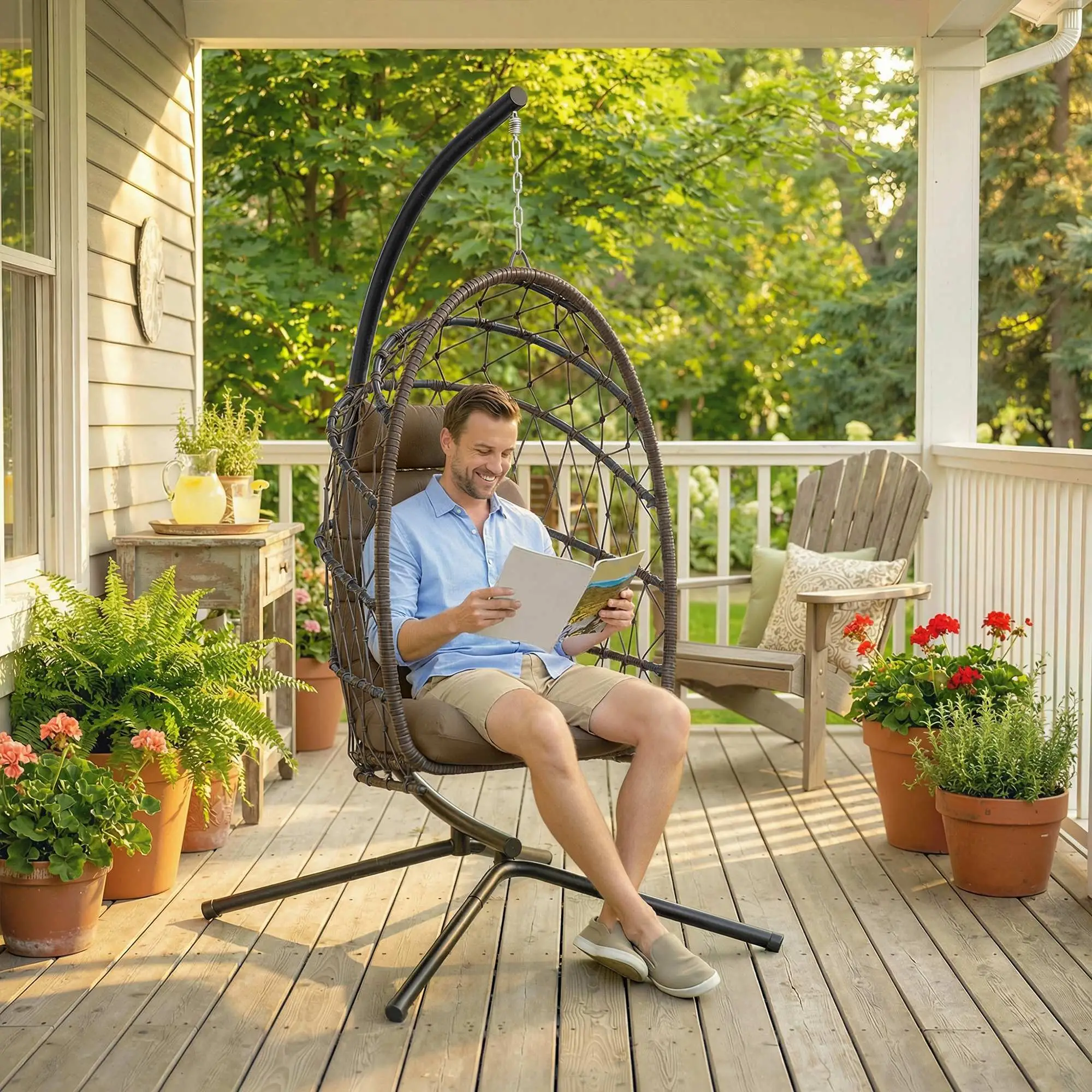 Hanging Egg Chair With Stand, Foldable Wicker Rattan Swing Chair, Brown - Image 9