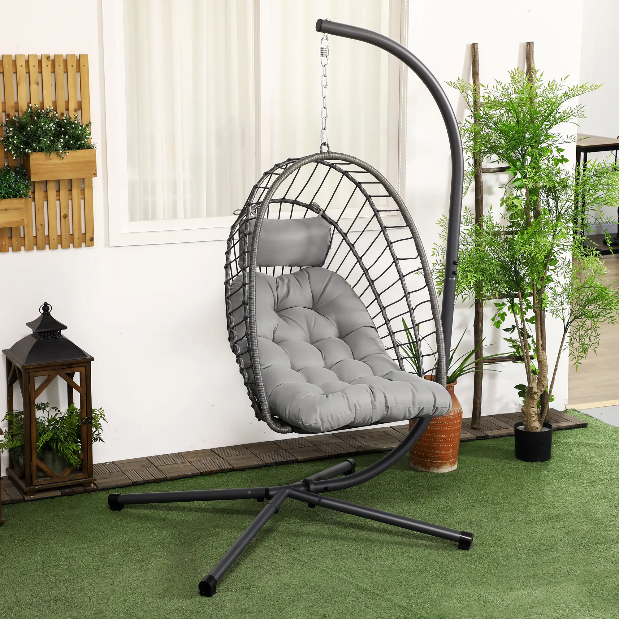 Hanging Egg Chair With Stand, Foldable Wicker Rattan Swing, Light Grey - Image 2