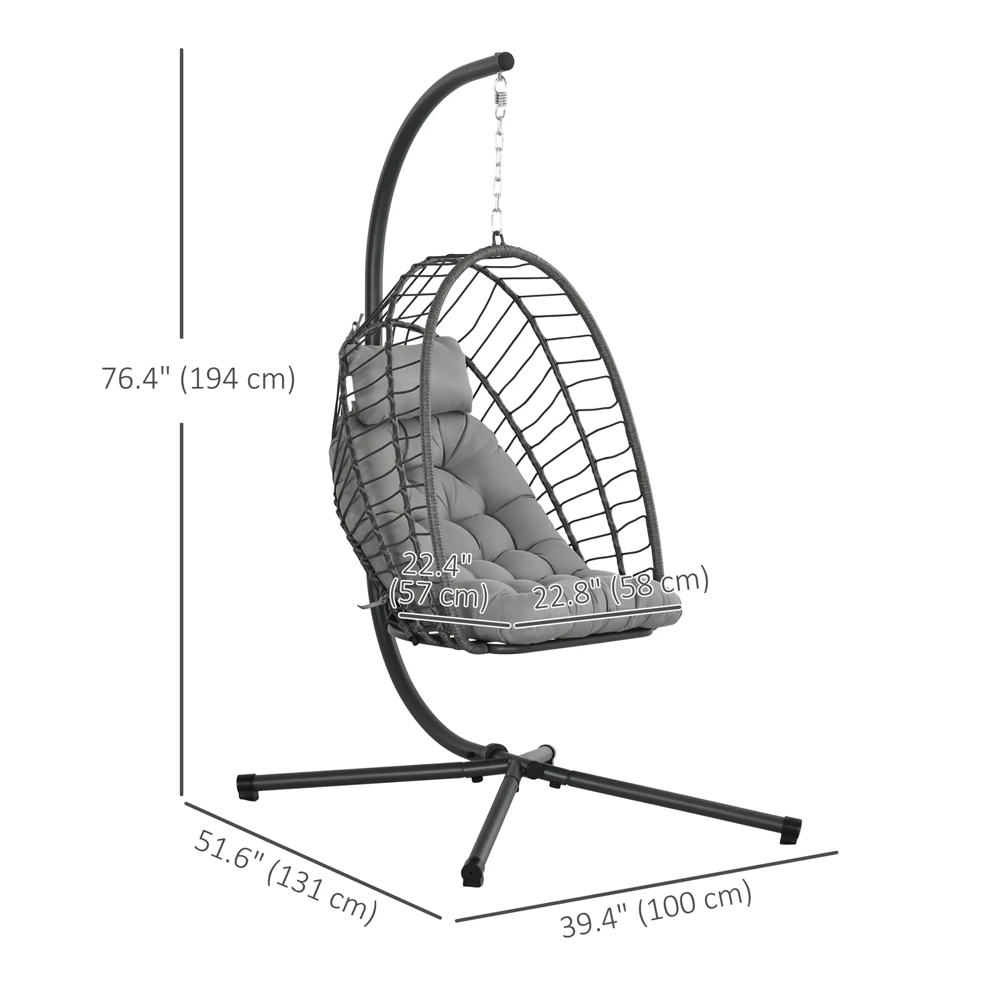 Hanging Egg Chair With Stand, Foldable Wicker Rattan Swing, Light Grey - Image 3
