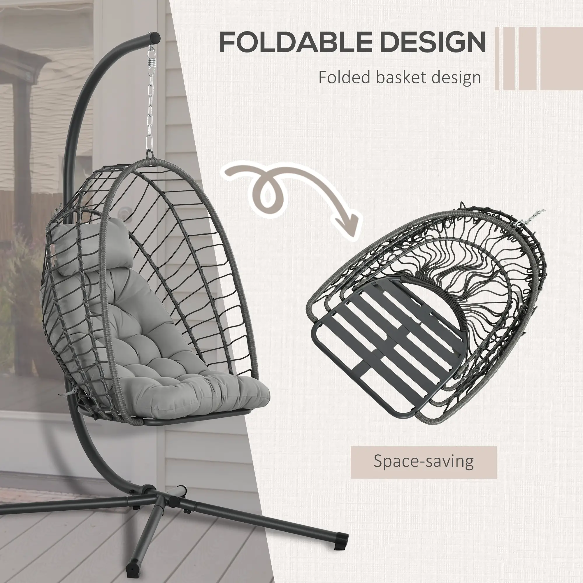 Hanging Egg Chair With Stand, Foldable Wicker Rattan Swing, Light Grey - Image 4