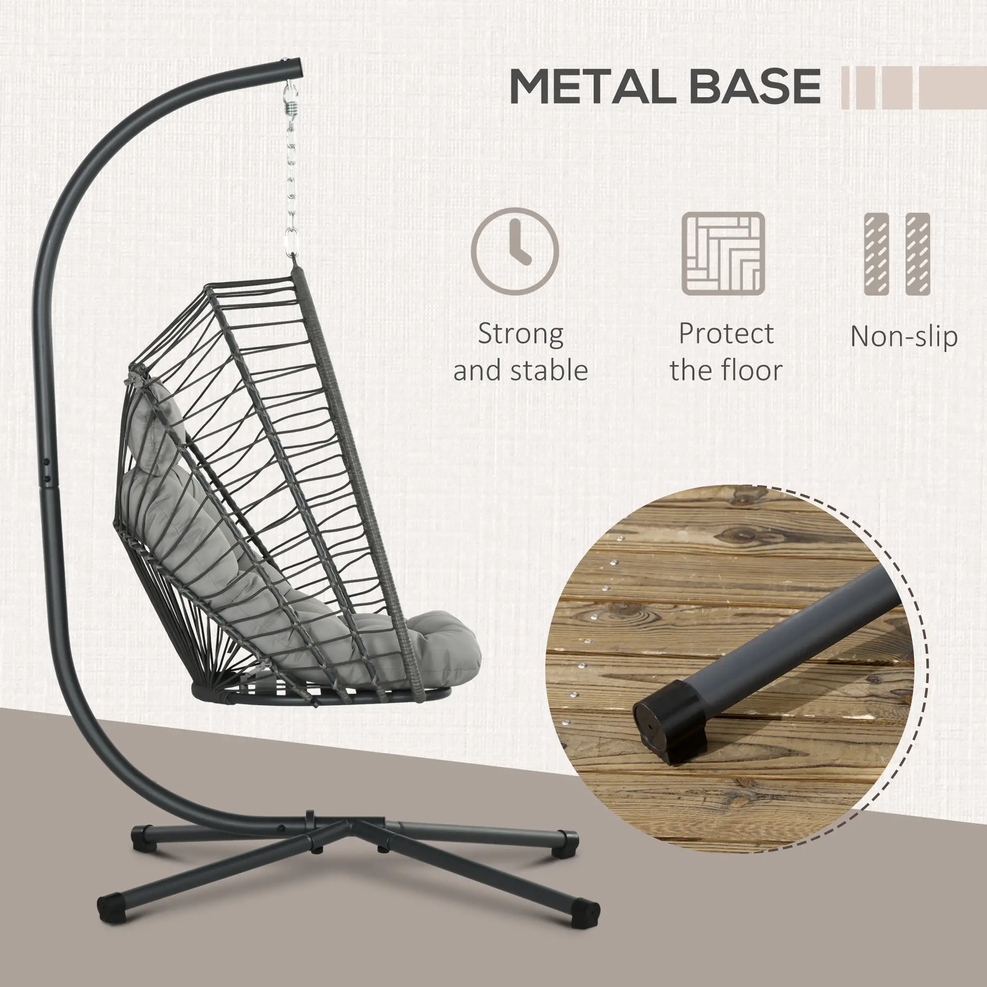 Hanging Egg Chair With Stand, Foldable Wicker Rattan Swing, Light Grey - Image 5