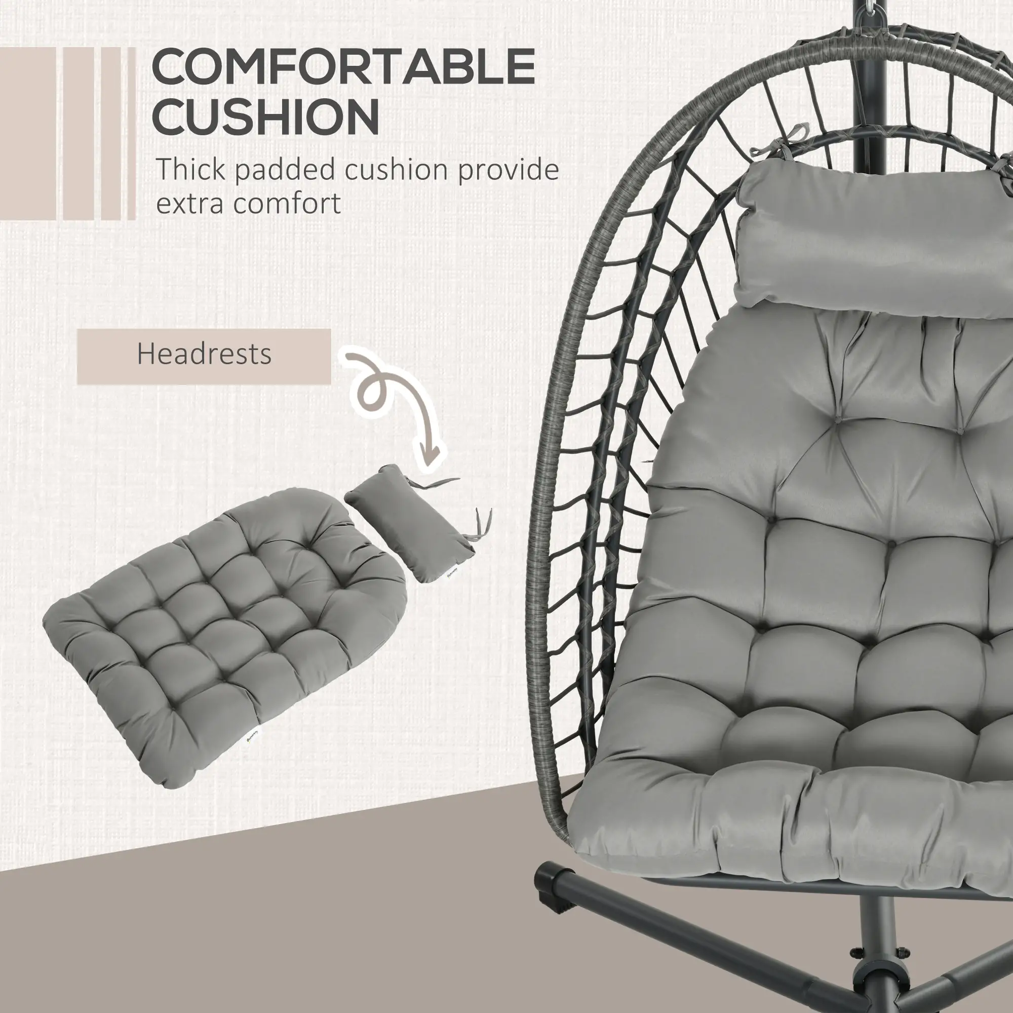 Hanging Egg Chair With Stand, Foldable Wicker Rattan Swing, Light Grey - Image 6