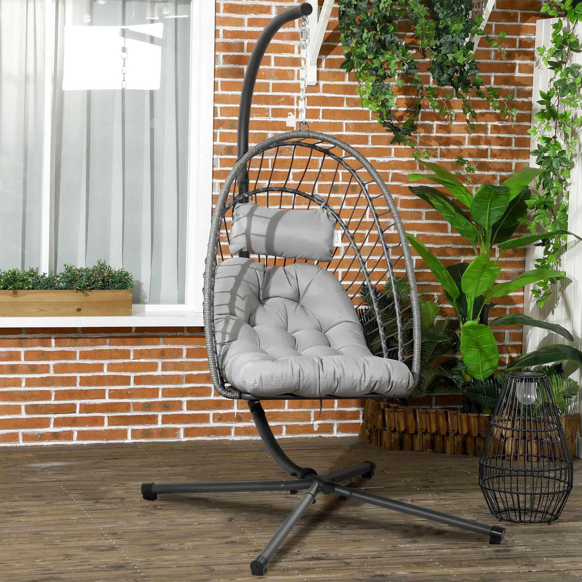 Hanging Egg Chair With Stand, Foldable Wicker Rattan Swing, Light Grey - Image 8