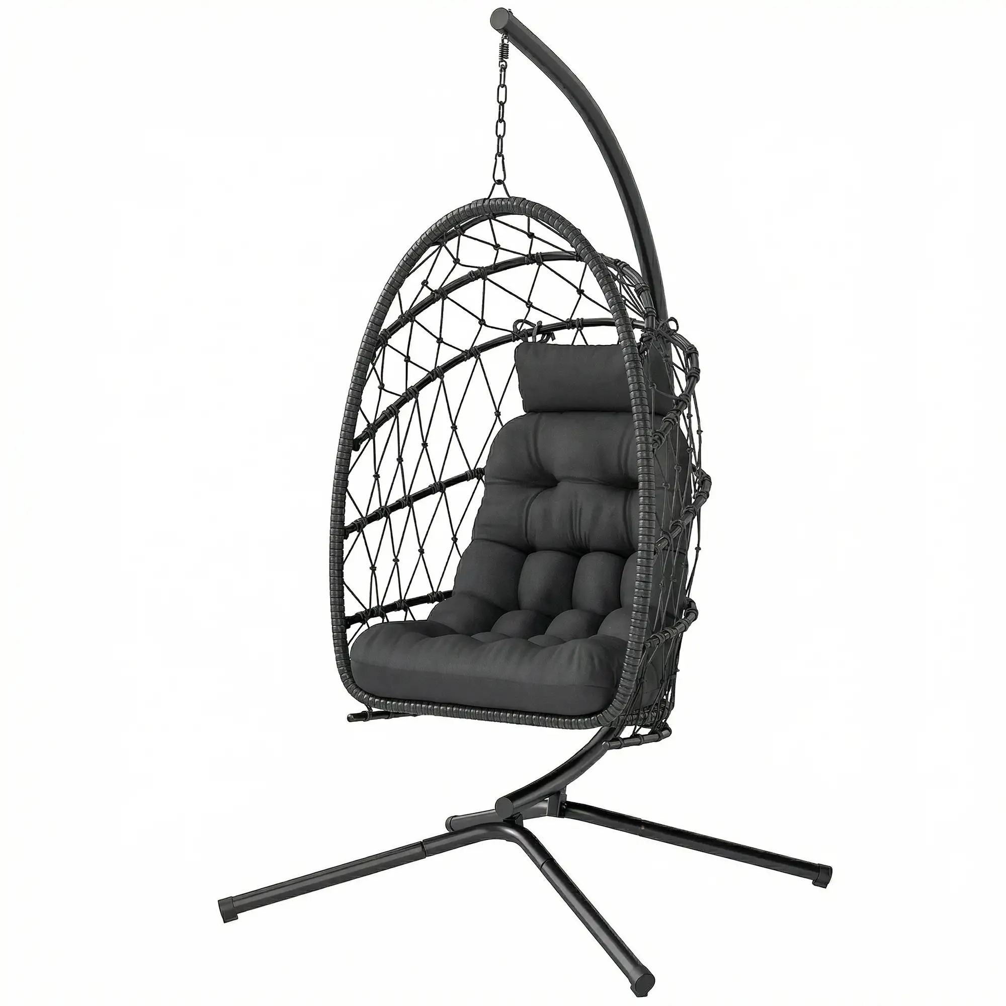 Hanging Egg Chair With Stand, Foldable Wicker Rattan Swing, Thick Cushion, Black