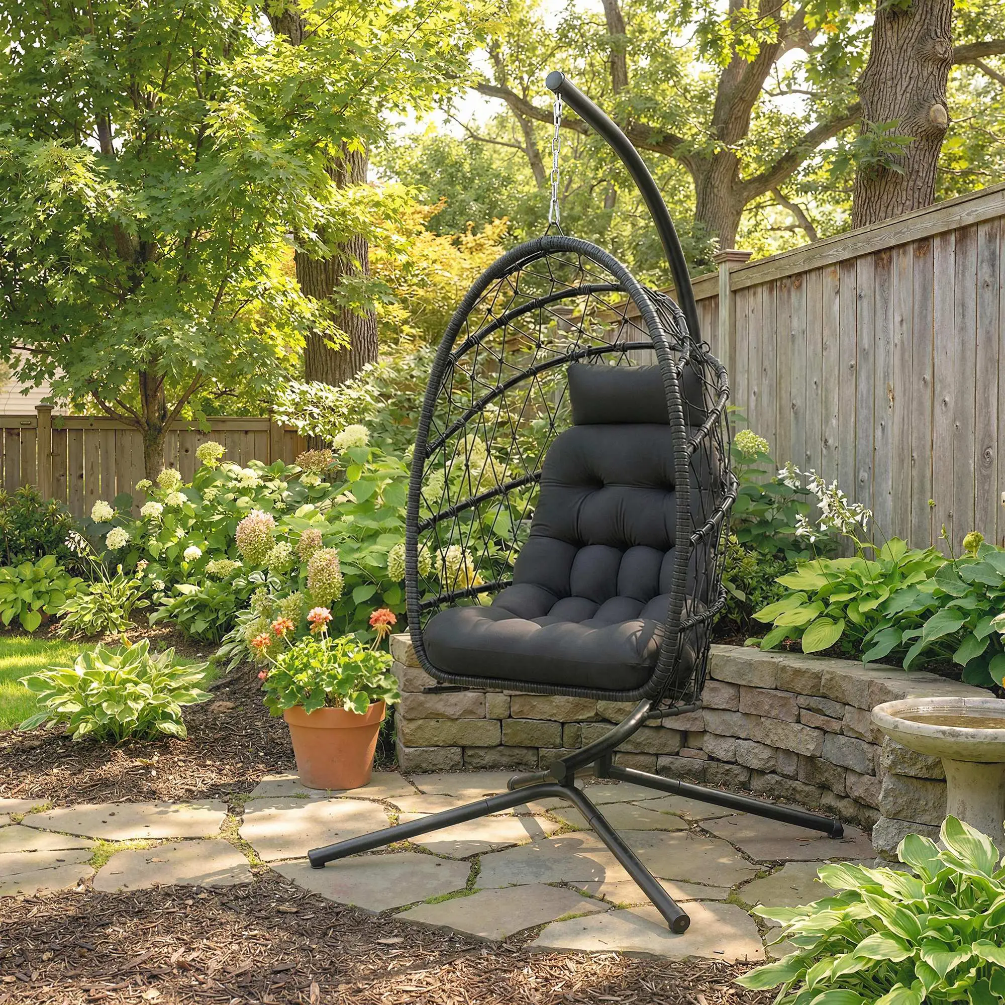 Hanging Egg Chair With Stand, Foldable Wicker Rattan Swing, Thick Cushion, Black - Image 10