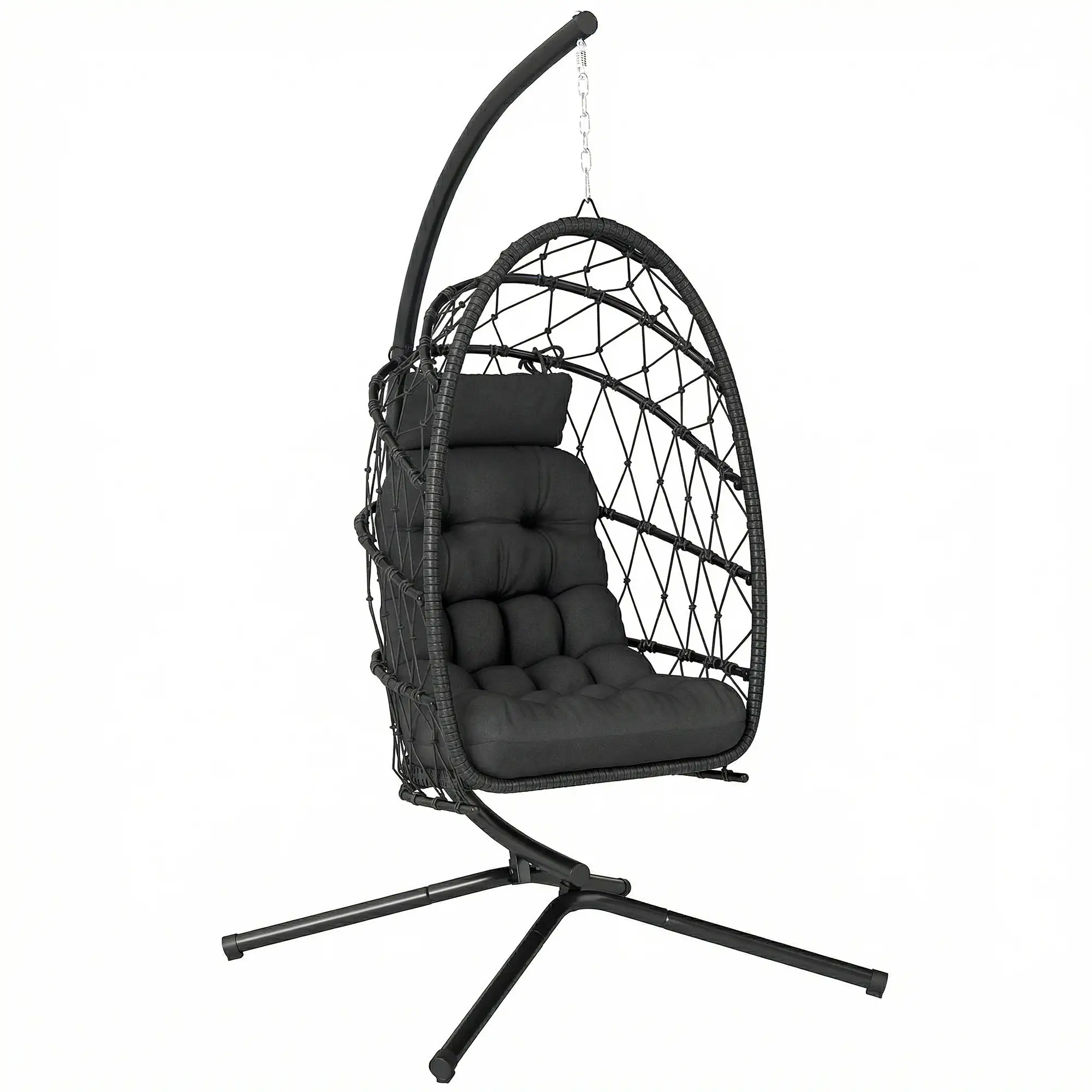 Hanging Egg Chair With Stand, Foldable Wicker Rattan Swing, Thick Cushion, Black - Image 11