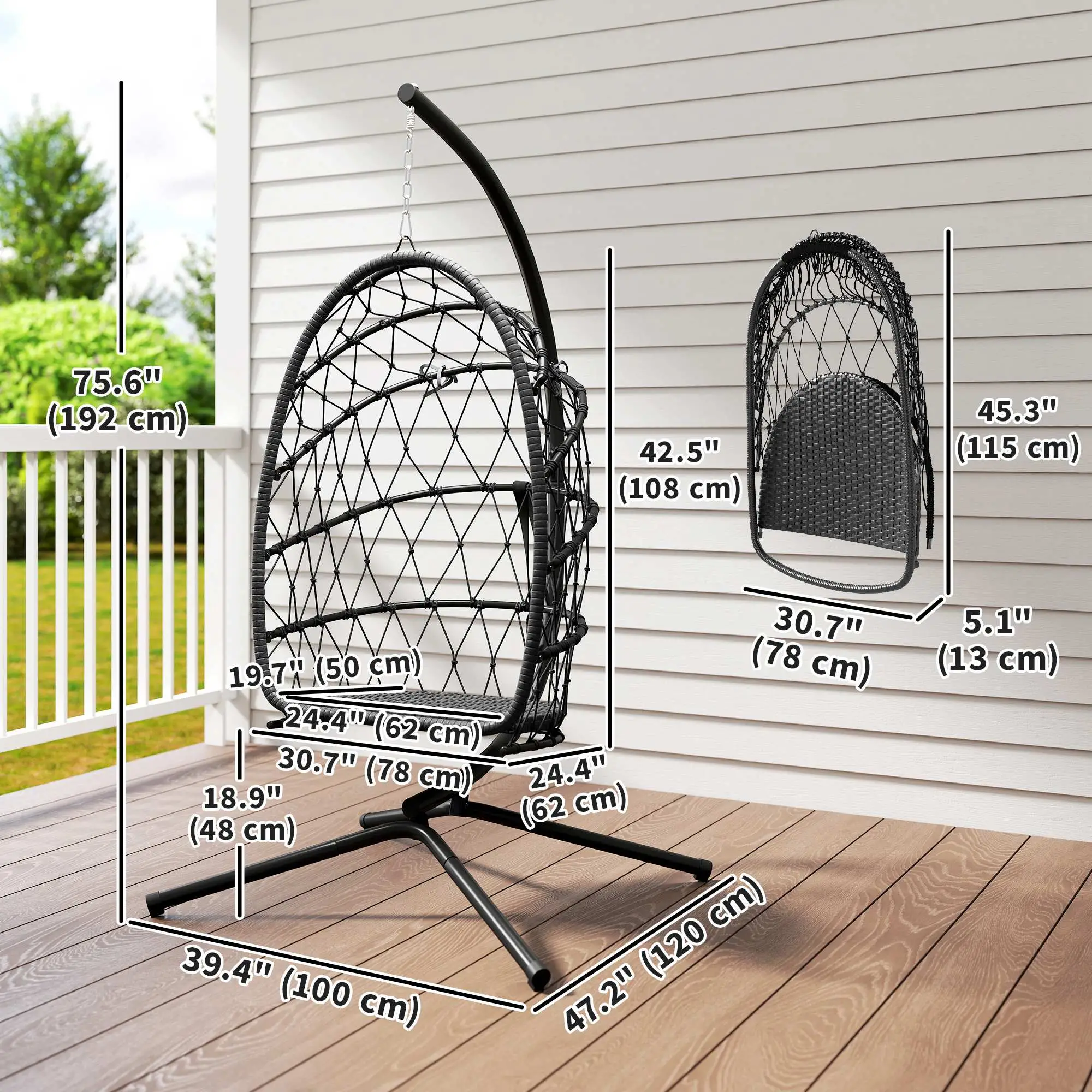 Hanging Egg Chair With Stand, Foldable Wicker Rattan Swing, Thick Cushion, Black - Image 3