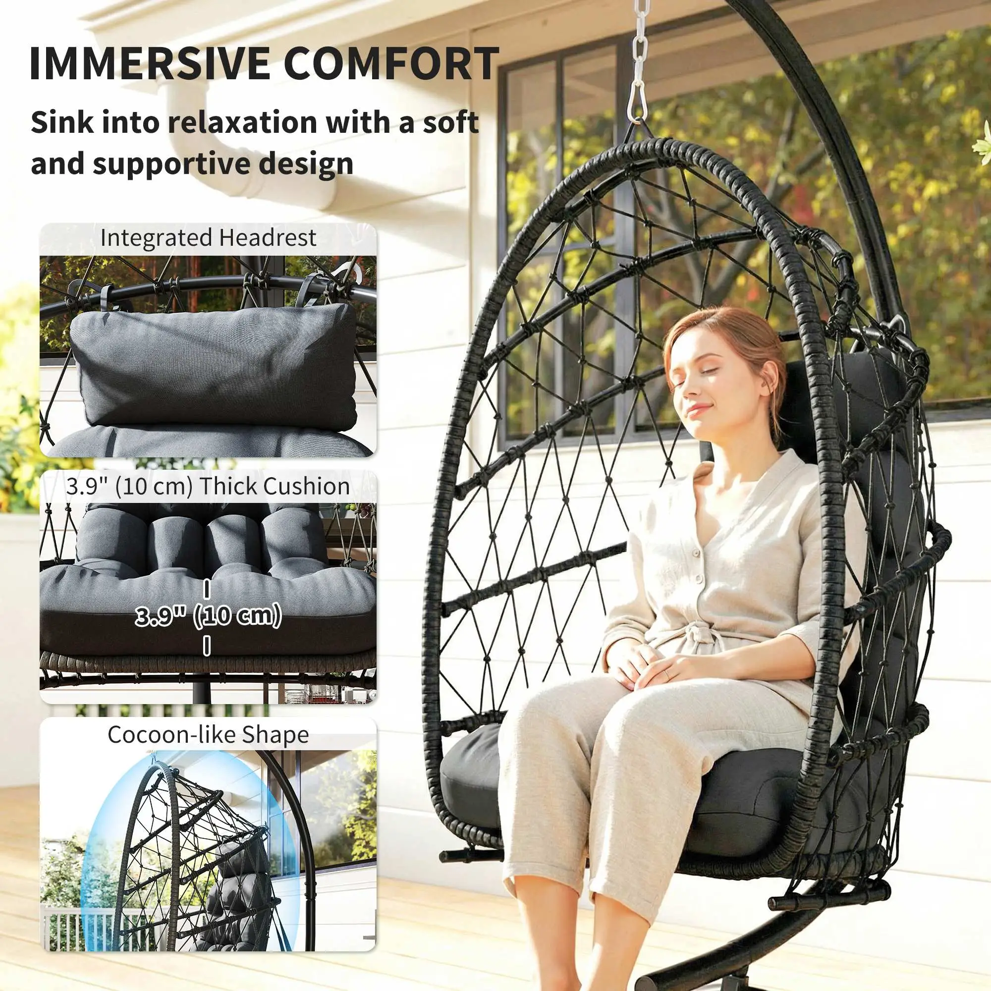 Hanging Egg Chair With Stand, Foldable Wicker Rattan Swing, Thick Cushion, Black - Image 4