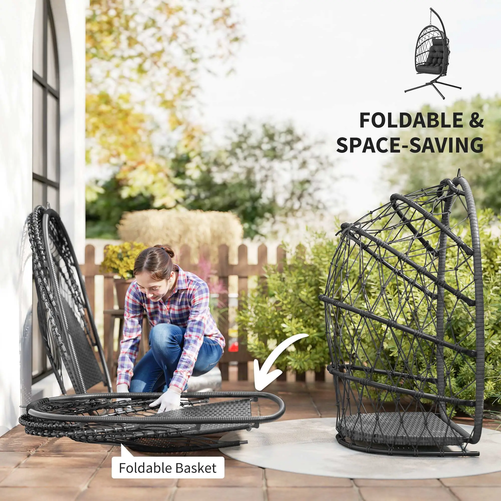 Hanging Egg Chair With Stand, Foldable Wicker Rattan Swing, Thick Cushion, Black - Image 5