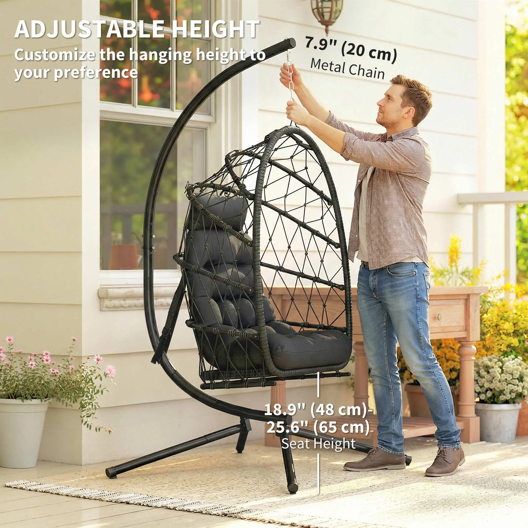 Hanging Egg Chair With Stand, Foldable Wicker Rattan Swing, Thick Cushion, Black - Image 6