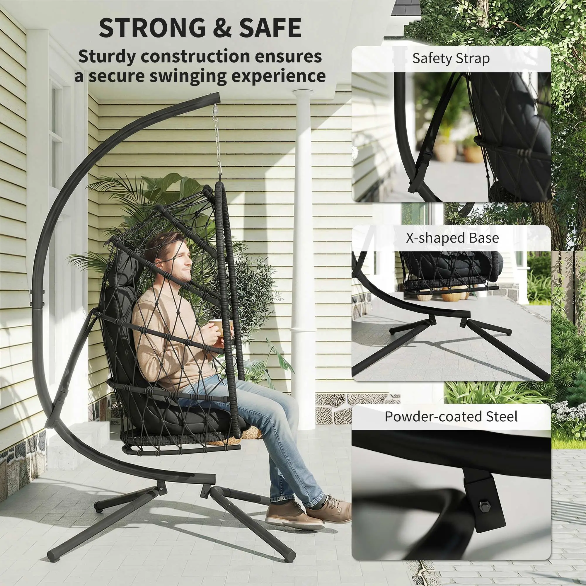 Hanging Egg Chair With Stand, Foldable Wicker Rattan Swing, Thick Cushion, Black - Image 7