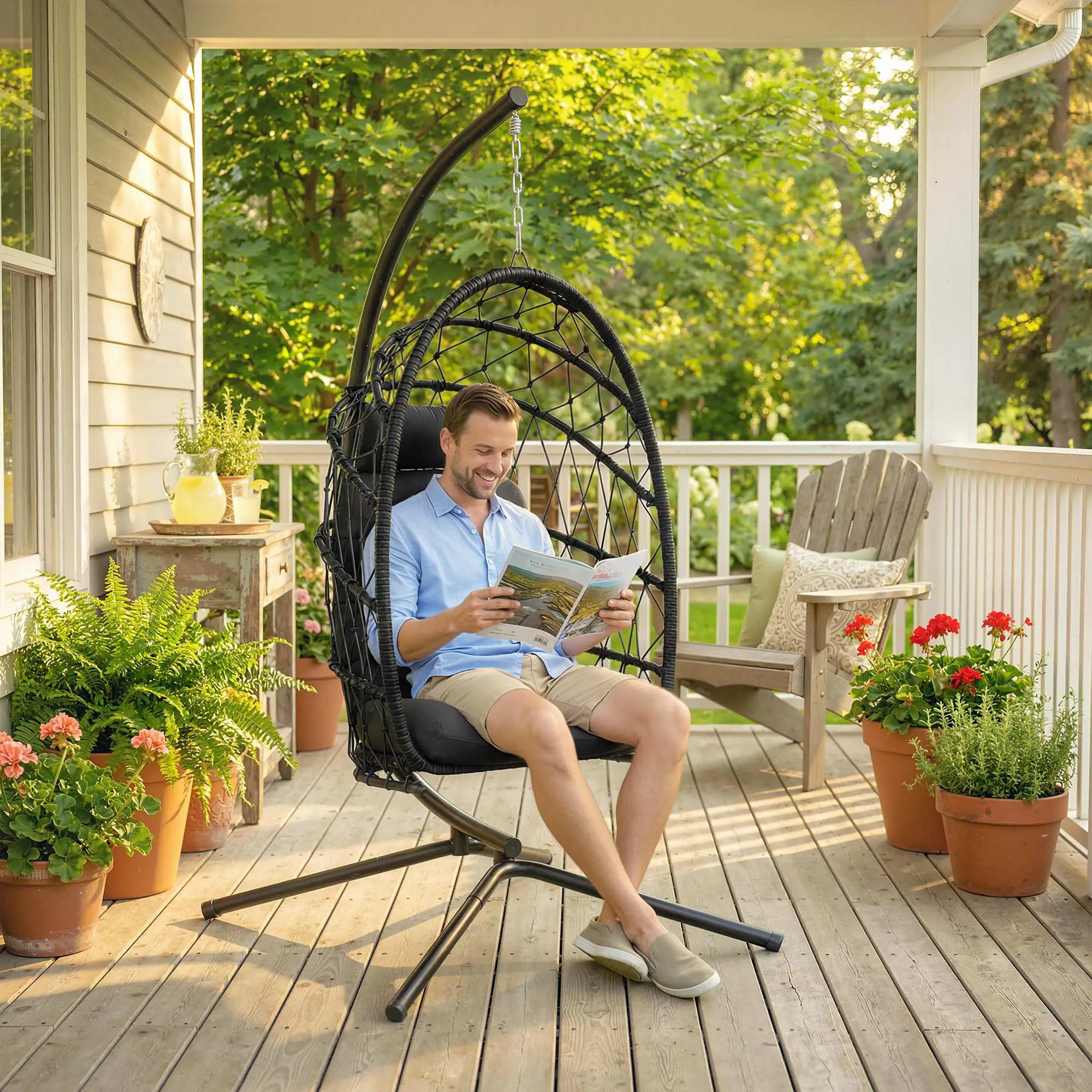 Hanging Egg Chair With Stand, Foldable Wicker Rattan Swing, Thick Cushion, Black - Image 9