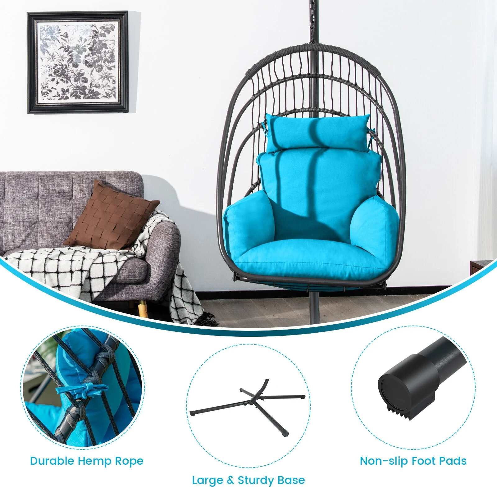 Hanging Egg Chair With Stand, Soft Cushion Pillow Swing Hammock, Turquoise - Image 3