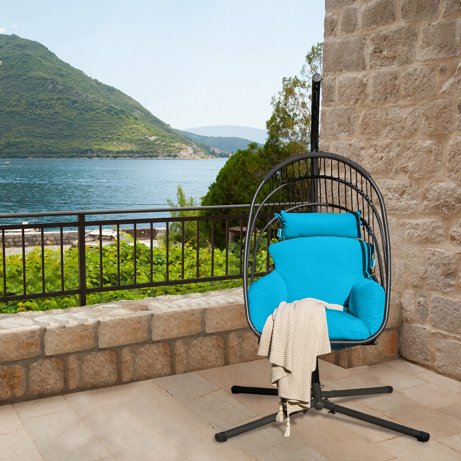 Hanging Egg Chair With Stand, Soft Cushion Pillow Swing Hammock, Turquoise - Image 8