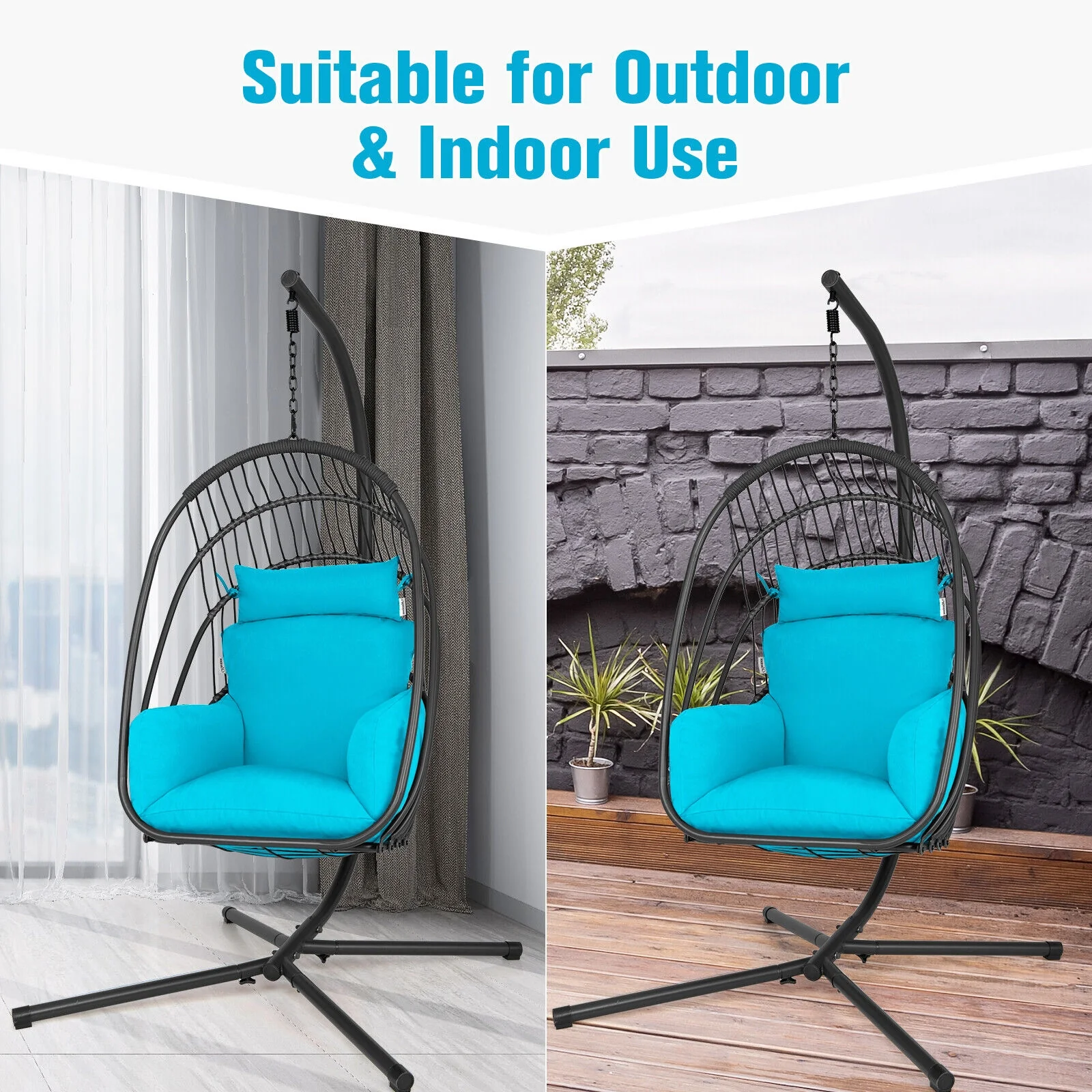 Hanging Egg Chair With Stand, Soft Cushion Pillow Swing Hammock, Turquoise - Image 9