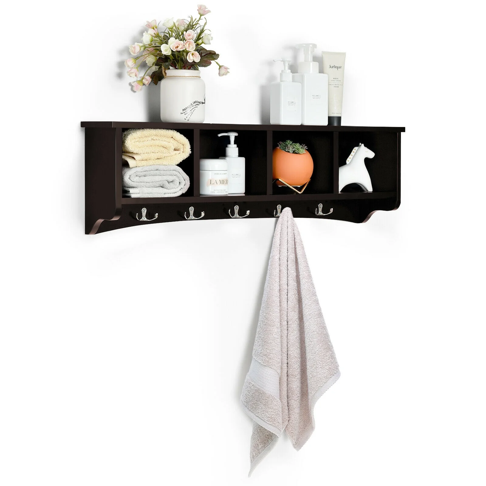 Hanging Entryway Shelf Coat Rack, Wall Mounted Storage Cabinet, Brown - Image 10