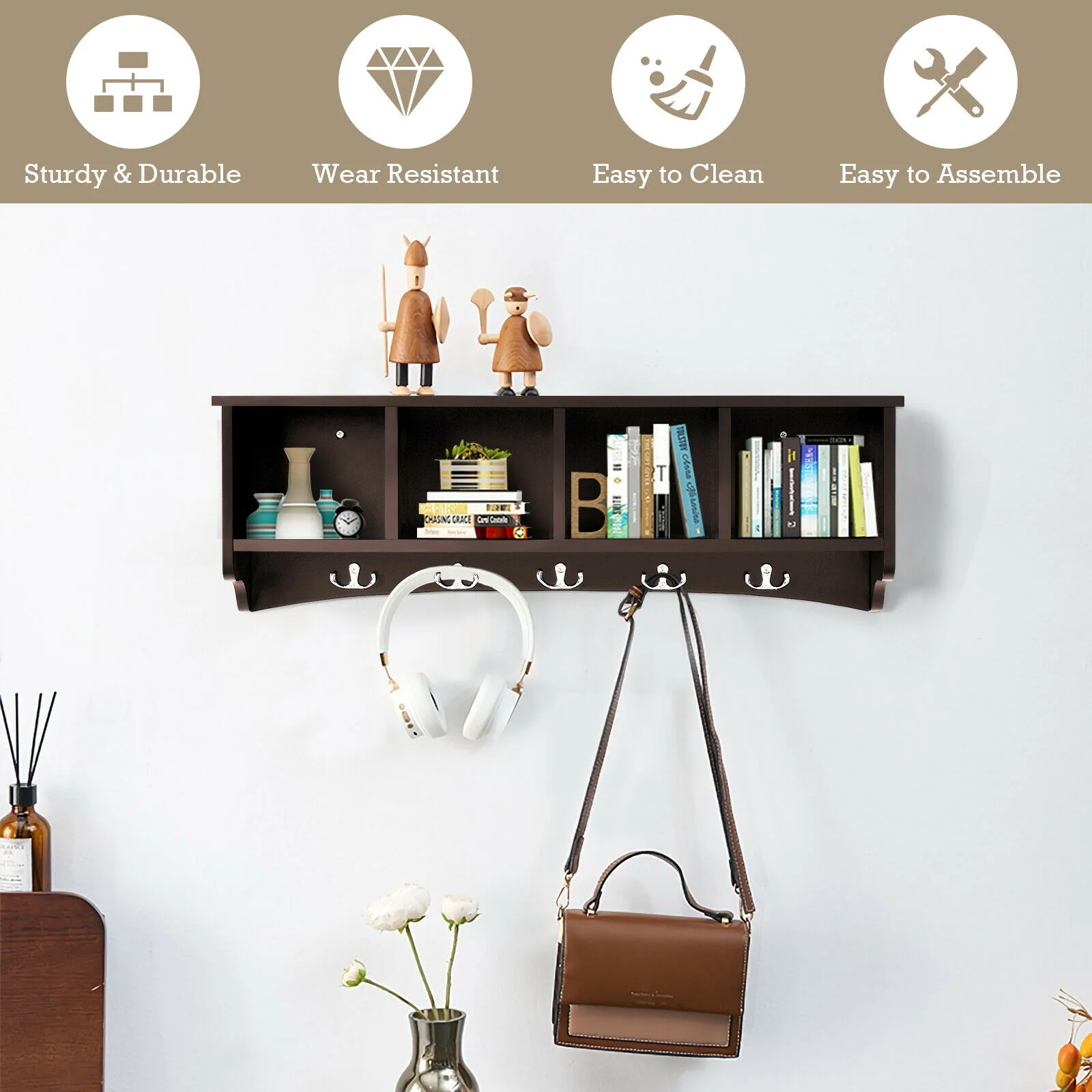 Hanging Entryway Shelf Coat Rack, Wall Mounted Storage Cabinet, Brown - Image 3