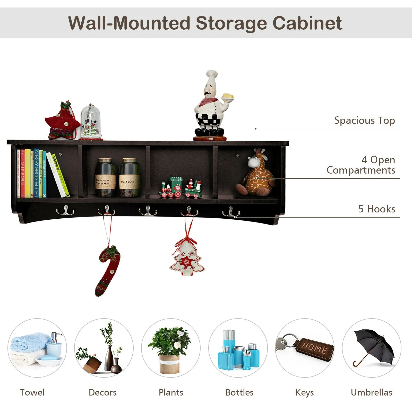Hanging Entryway Shelf Coat Rack, Wall Mounted Storage Cabinet, Brown - Image 6