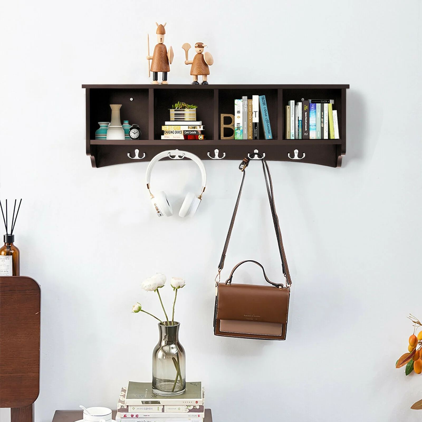 Hanging Entryway Shelf Coat Rack, Wall Mounted Storage Cabinet, Brown - Image 9