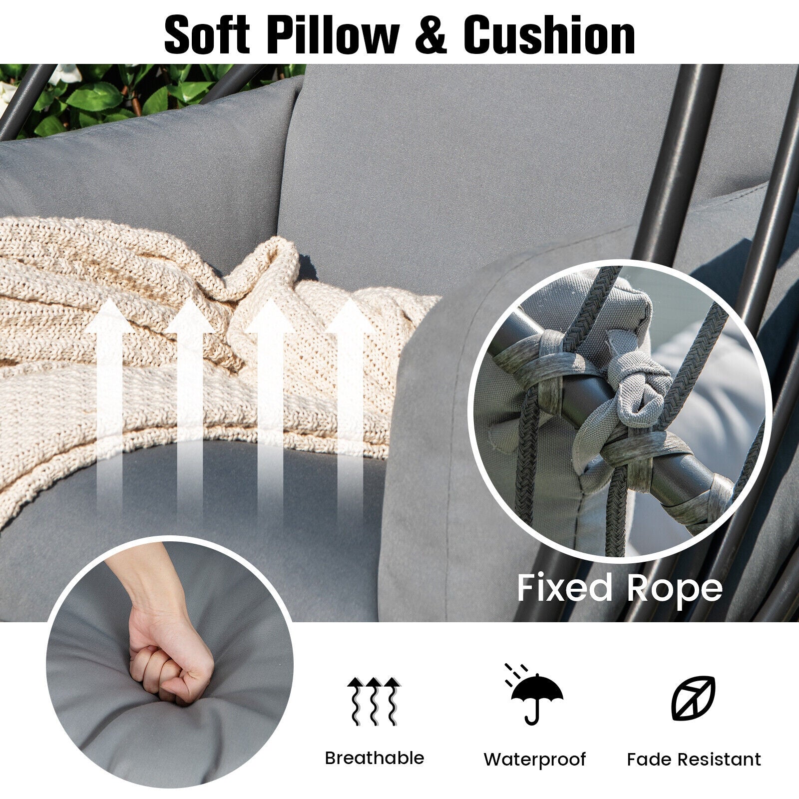 Hanging Folding Egg Chair, Soft Cushion Pillow Swing Hammock, Gray - Image 6