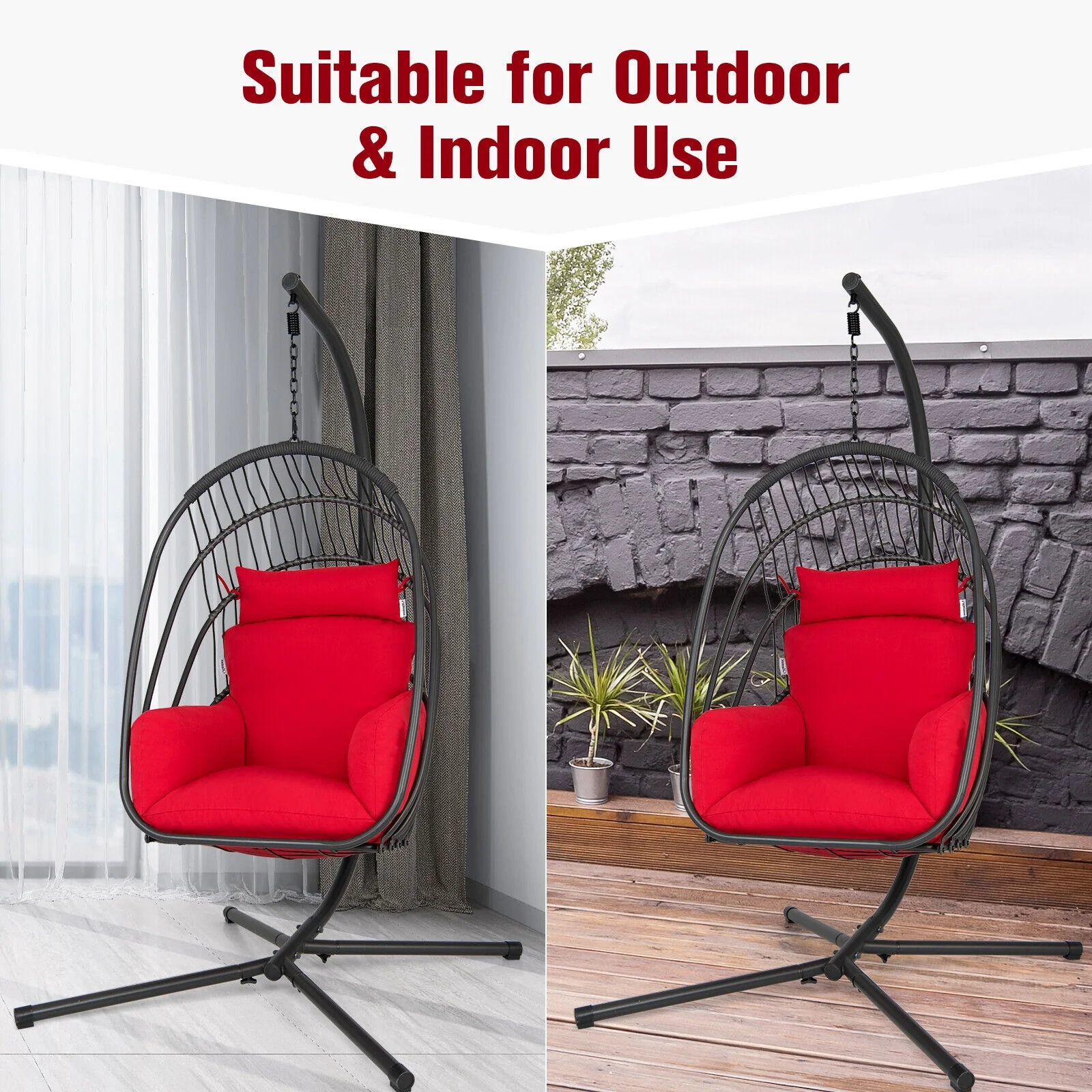 Hanging Folding Egg Chair, Soft Cushion Pillow Swing Hammock, Red - Image 10