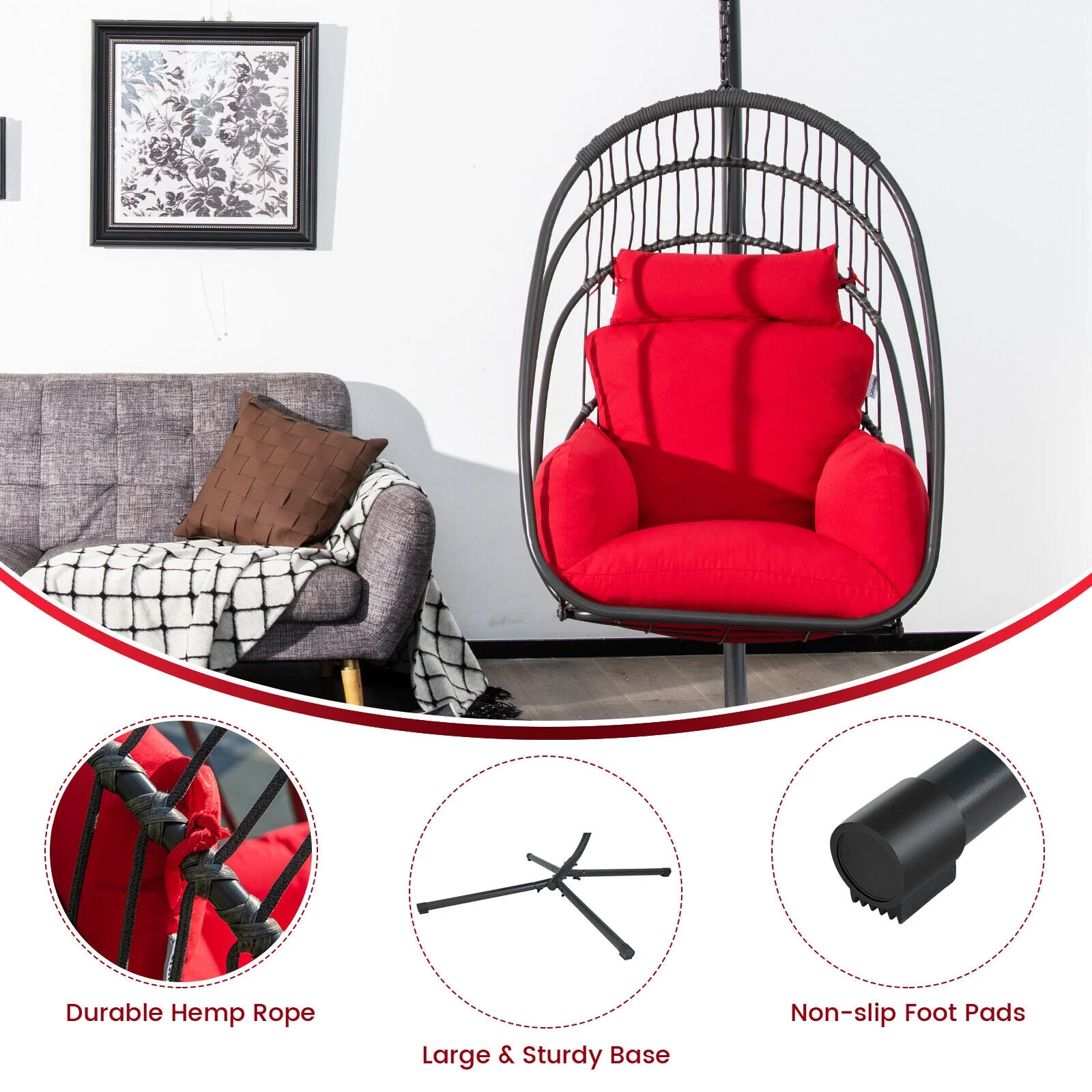 Hanging Folding Egg Chair, Soft Cushion Pillow Swing Hammock, Red - Image 3