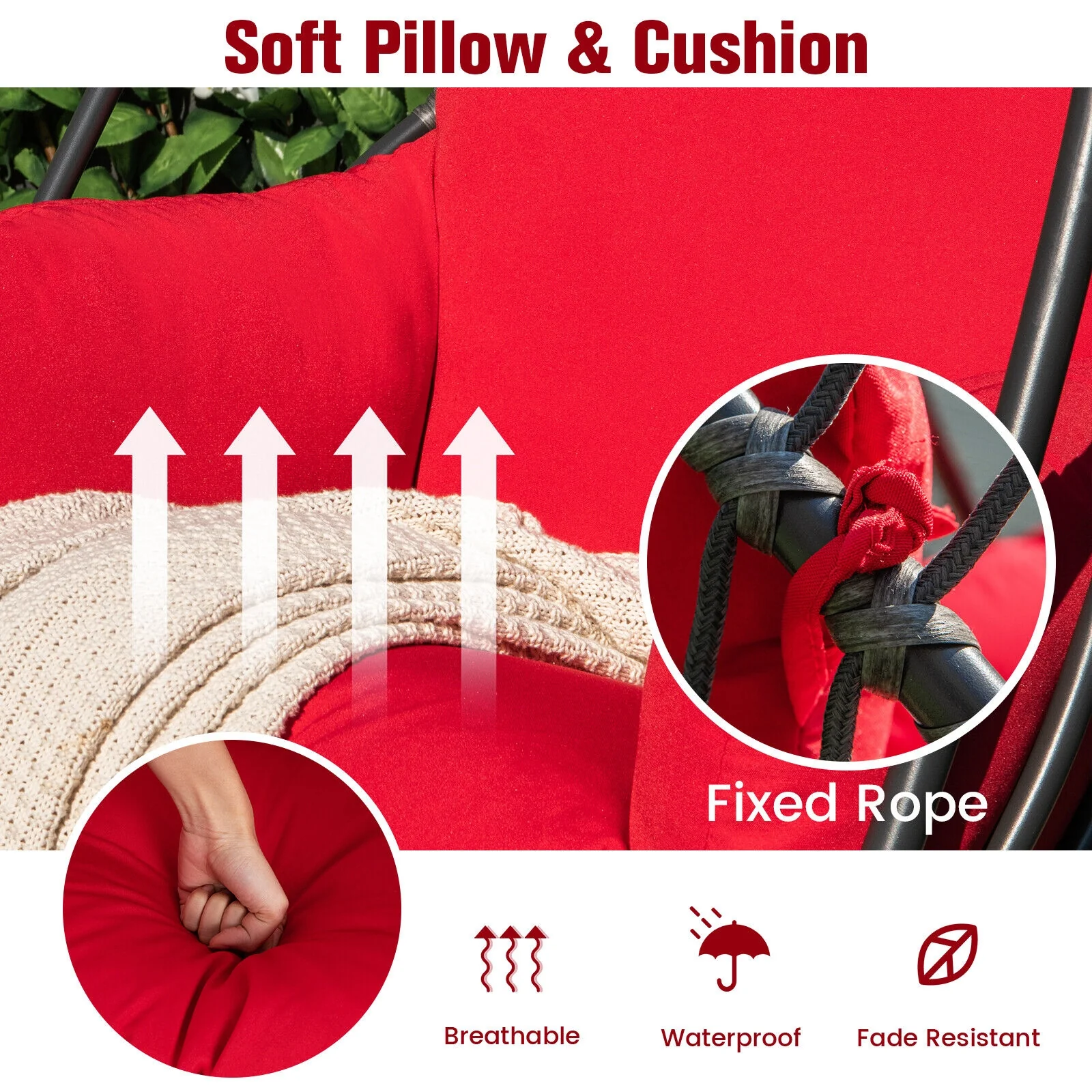 Hanging Folding Egg Chair, Soft Cushion Pillow Swing Hammock, Red - Image 6