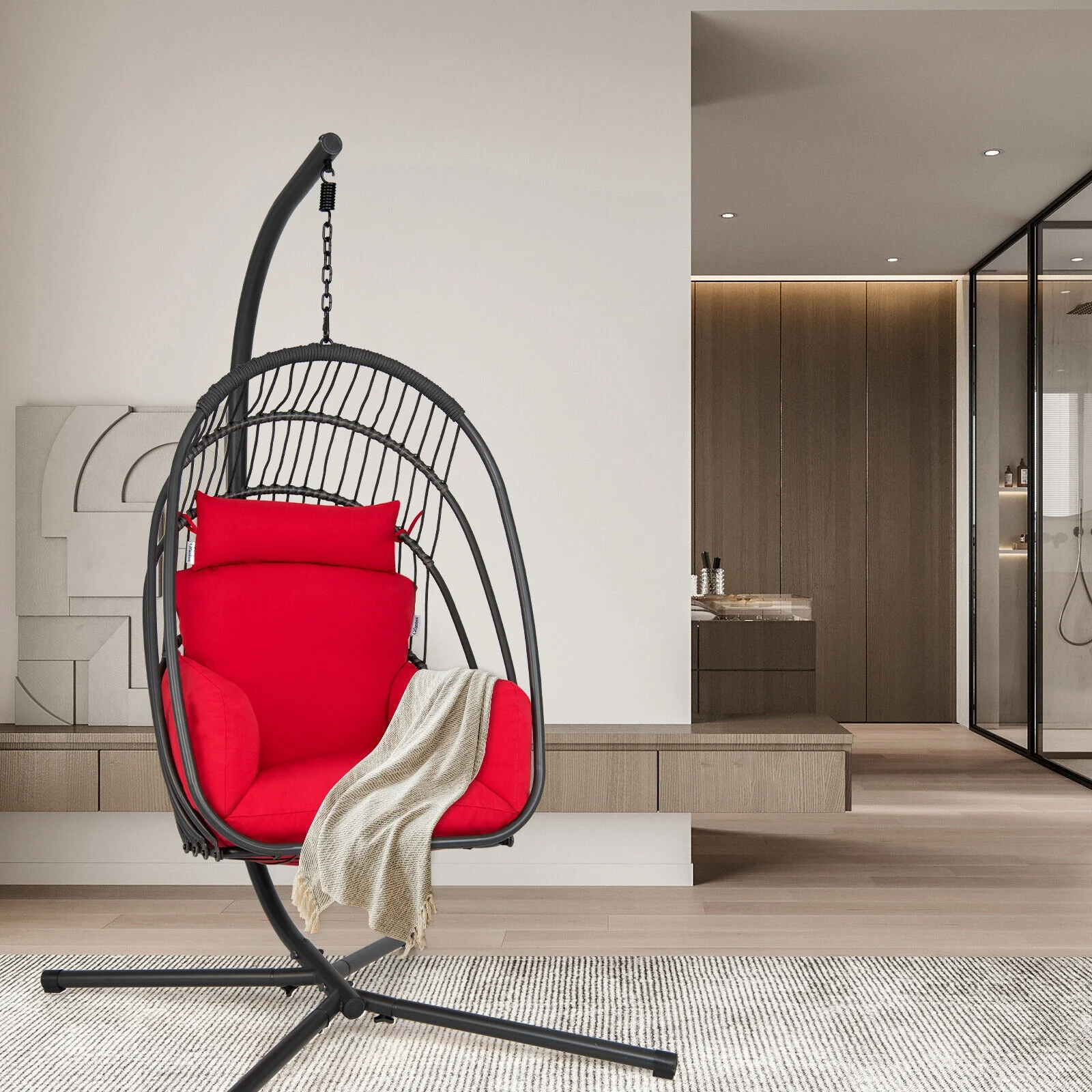 Hanging Folding Egg Chair, Soft Cushion Pillow Swing Hammock, Red - Image 8