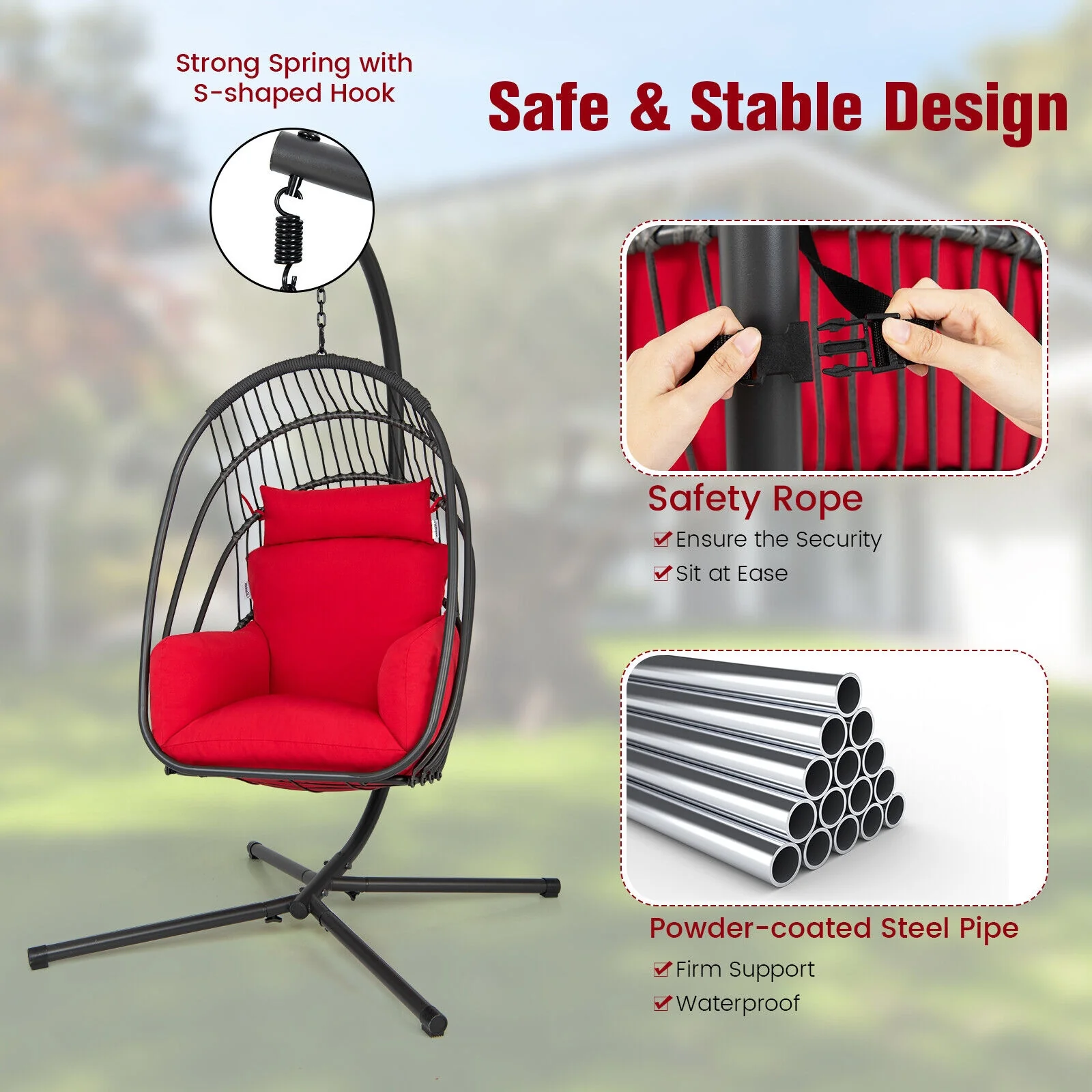 Hanging Folding Egg Chair, Soft Cushion Pillow Swing Hammock, Red - Image 9