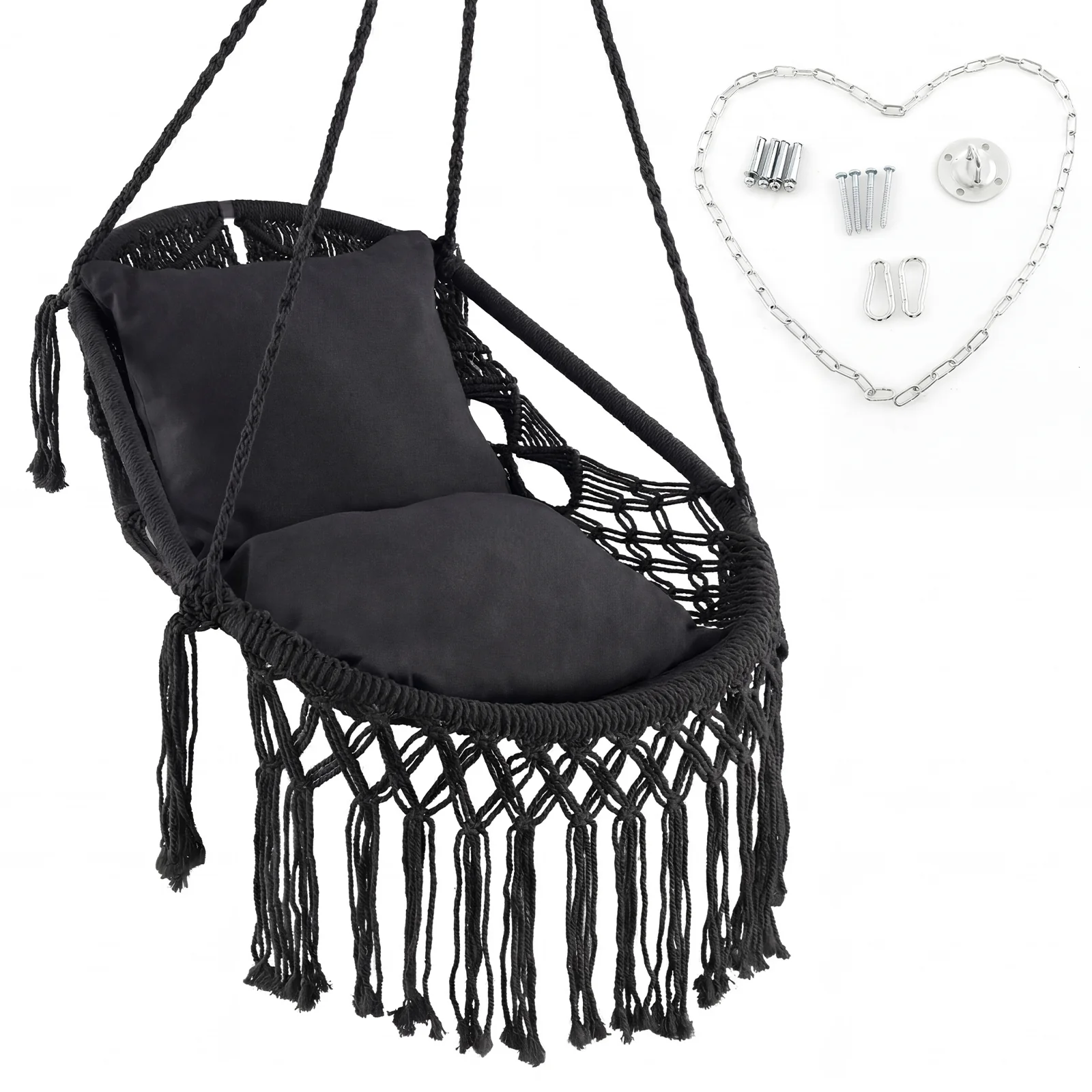 Hanging Hammock Chair With Soft Seat Cushions, Sturdy Rope Chain, Black