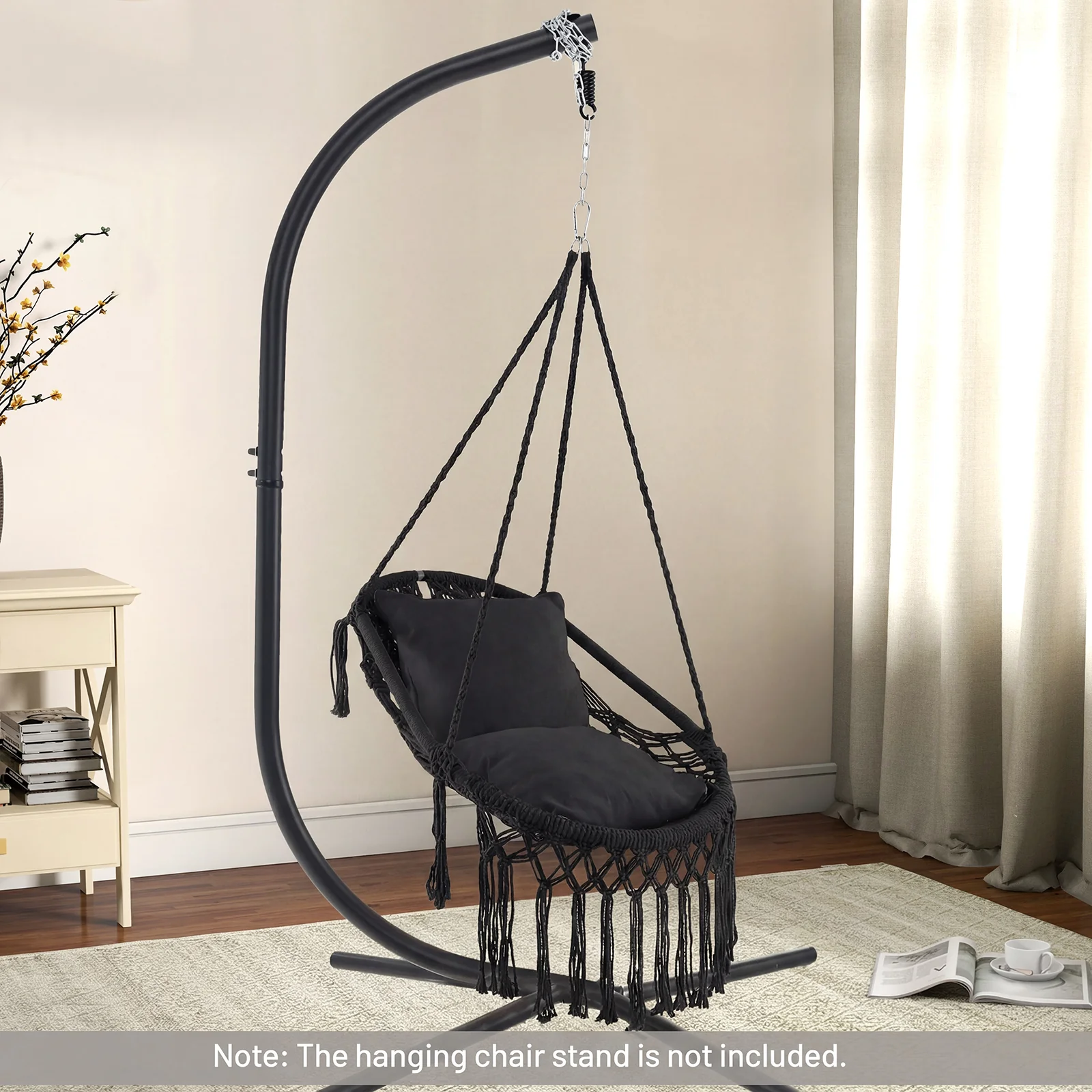 Hanging Hammock Chair With Soft Seat Cushions, Sturdy Rope Chain, Black - Image 3