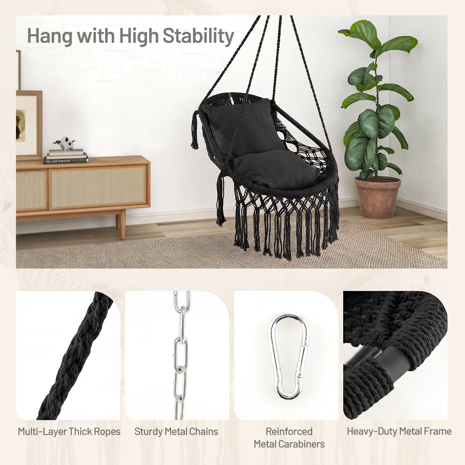 Hanging Hammock Chair With Soft Seat Cushions, Sturdy Rope Chain, Black - Image 7