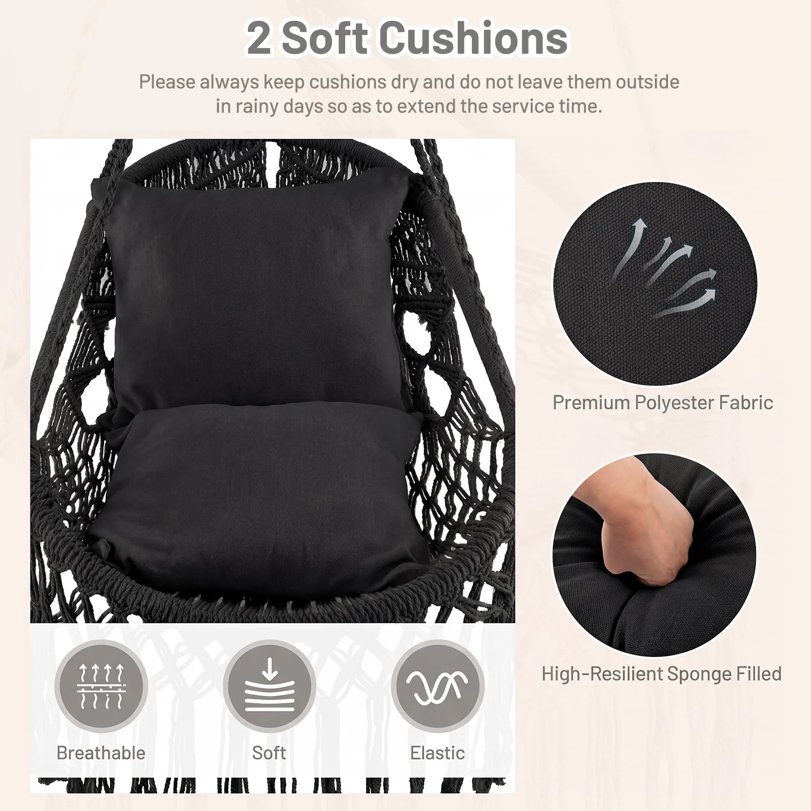 Hanging Hammock Chair With Soft Seat Cushions, Sturdy Rope Chain, Black - Image 8